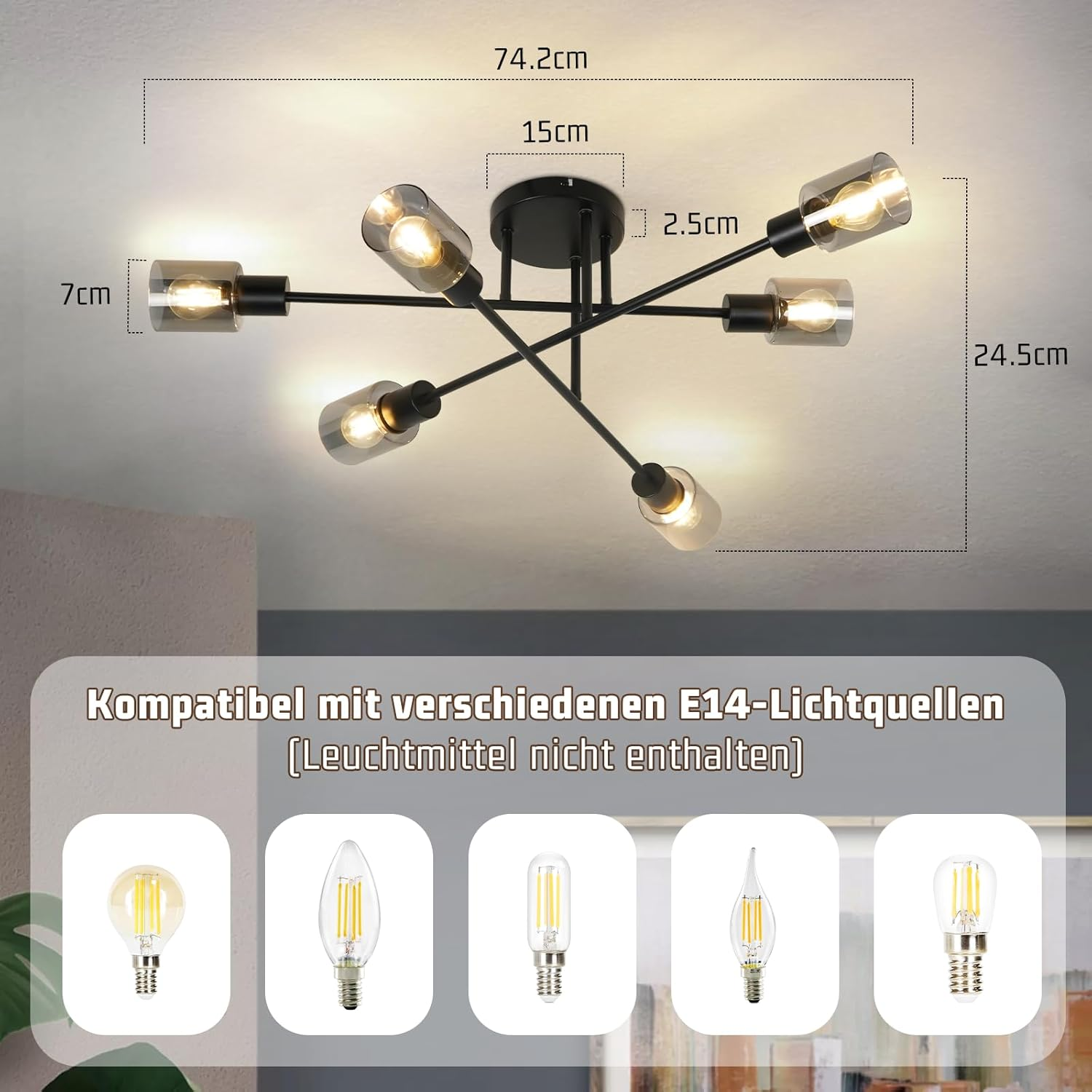 Czarna lampa sufitowa ze szklanymi kloszami. Pokazano przykłady kompatybilnych żarówek. Białe tło.