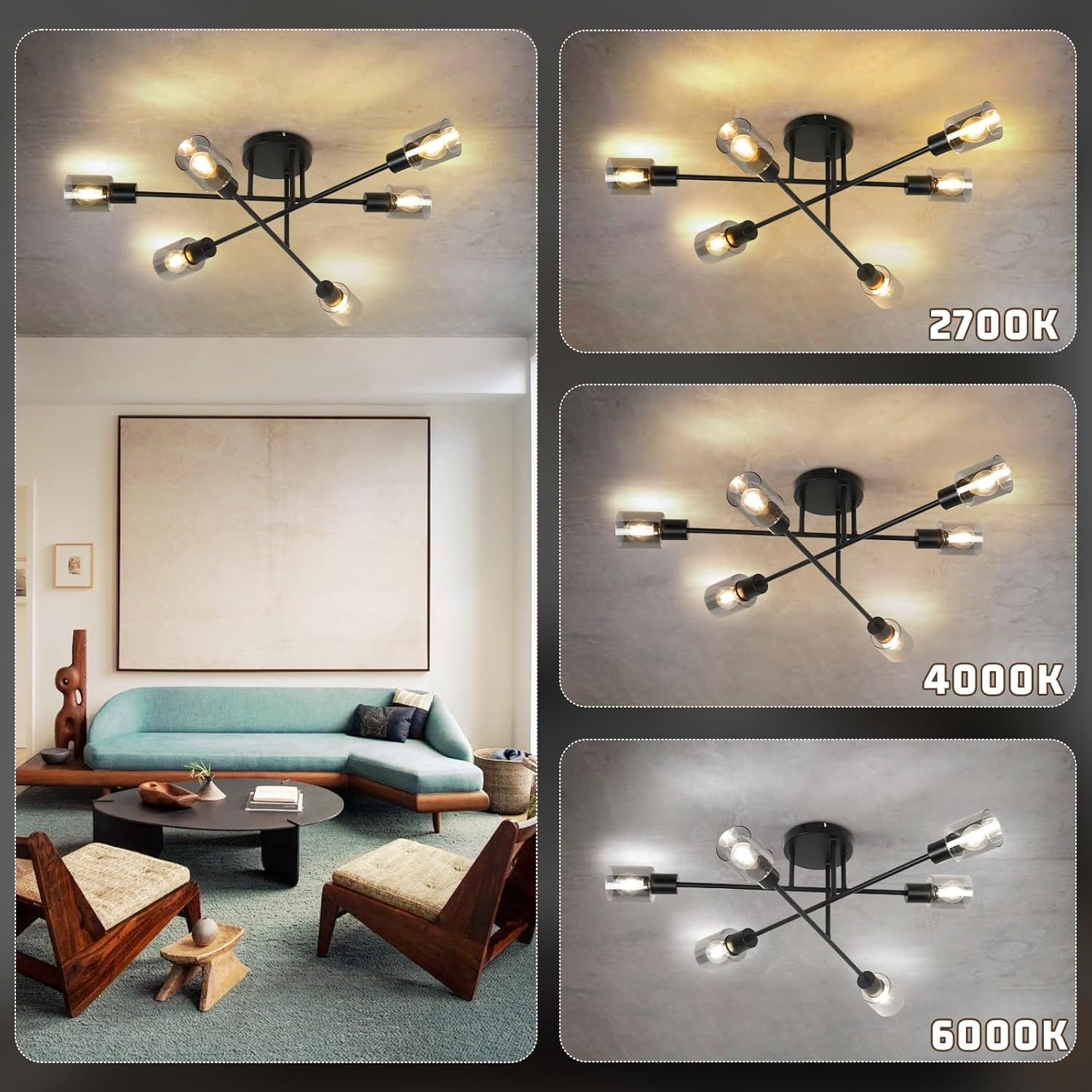 Lampy sufitowe w różnych trybach. Różne światła na białym suficie.