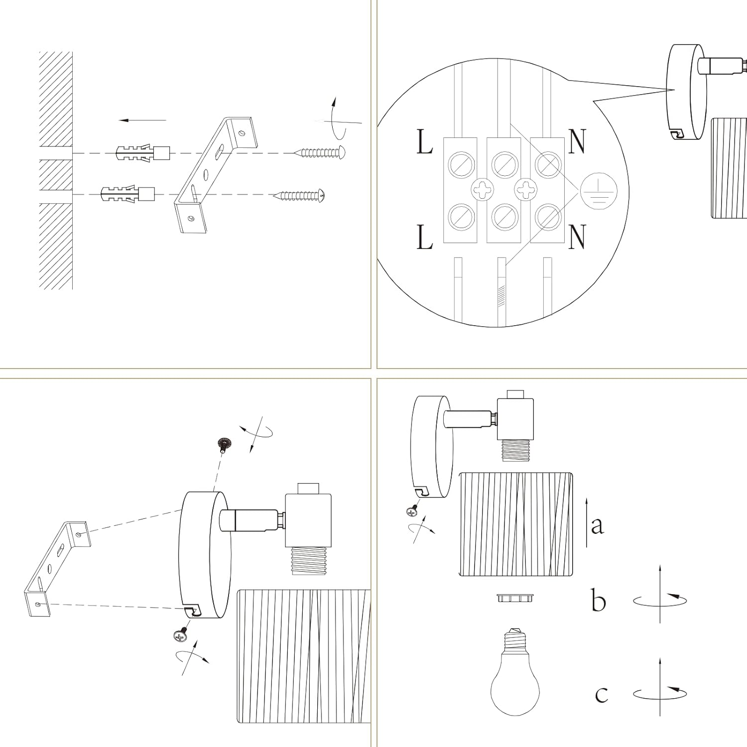 Schemat instalacji lampy ściennej, pokazujący etapy montażu, okablowanie elektryczne i szczegóły komponentów.