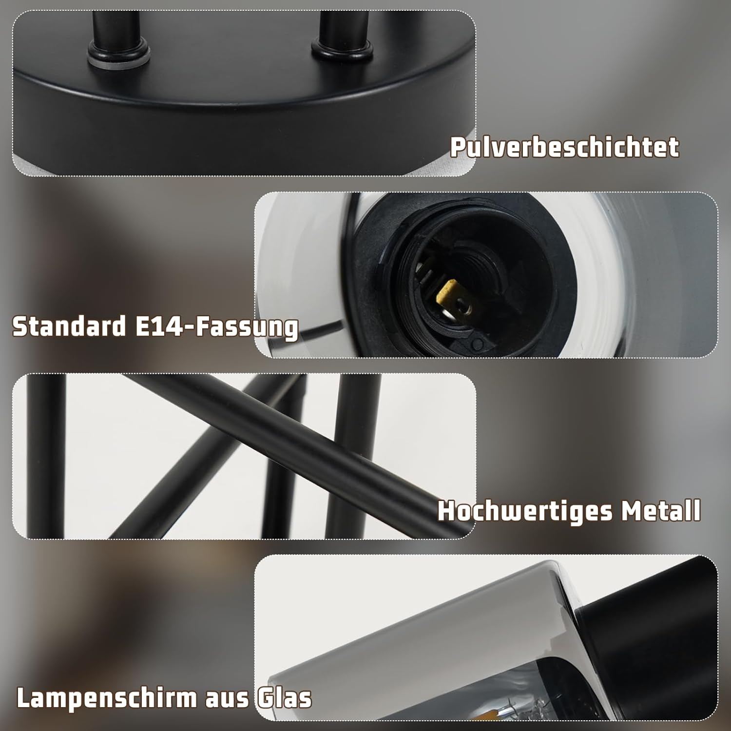 Zbliżenie elementów czarnej lampy sufitowej, w tym klosza i części metalowych.