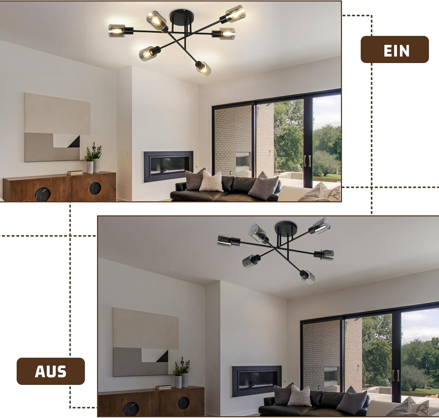 Nowoczesna lampa sufitowa z szklanymi kloszami. Światło jest włączone na górze i wyłączone na dole.