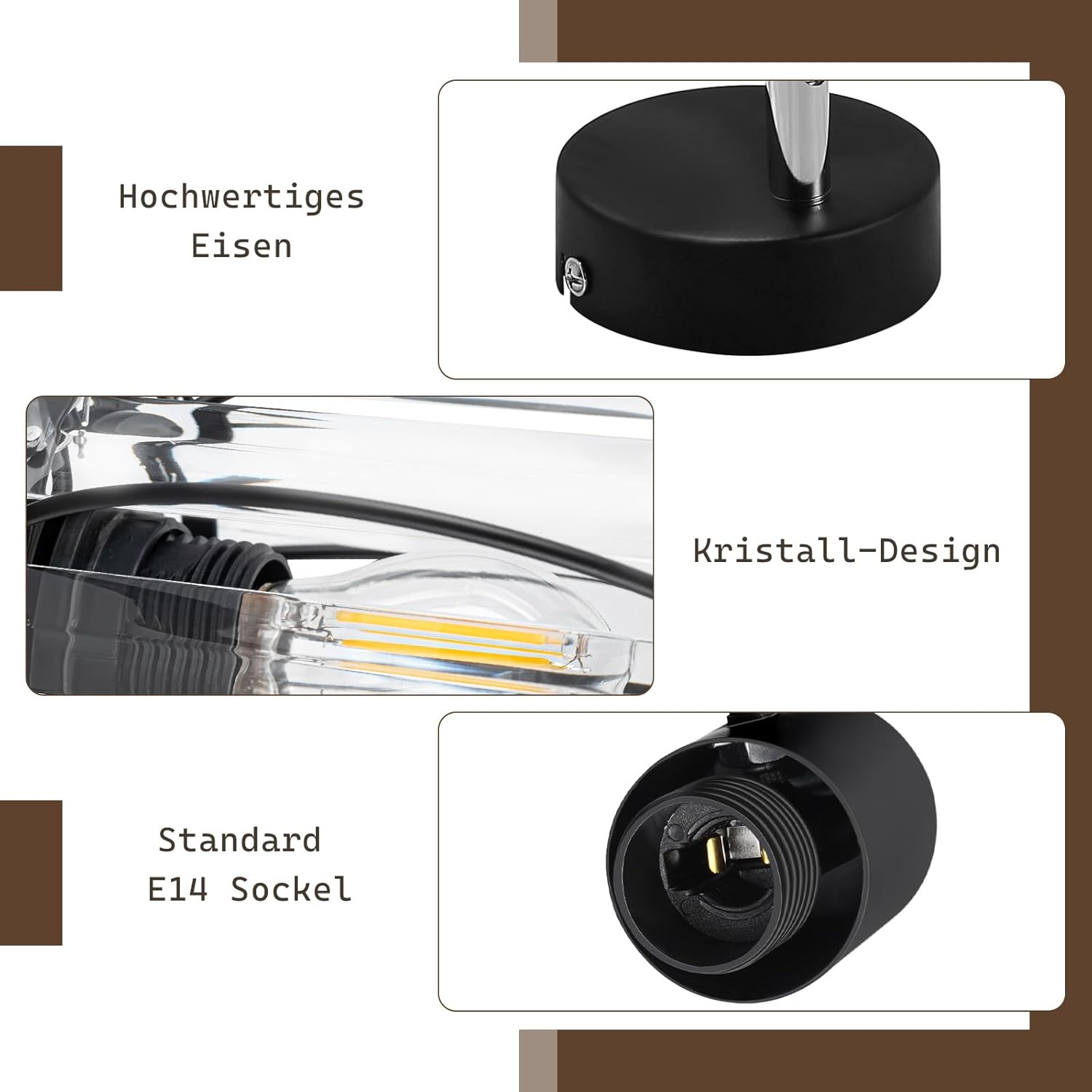 Zbliżenia diagramów lampy pokazujących czarne metalowe części i kryształowy design. Części obejmują gniazdo i podstawę.
