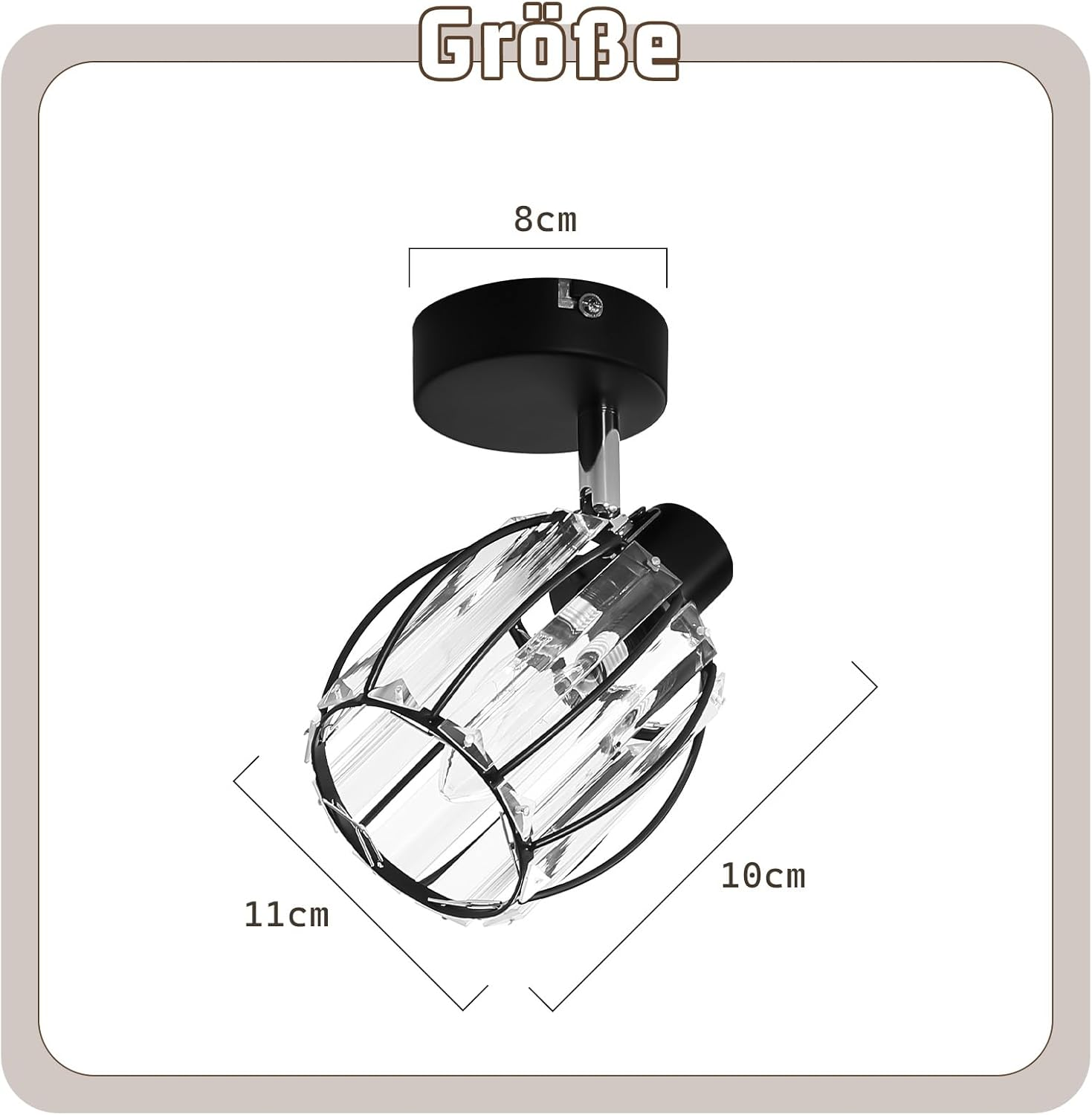 Czarna i kryształowa lampa z wymiarami: 11cm x 10cm x 8cm. Etykieta rozmiaru po niemiecku.