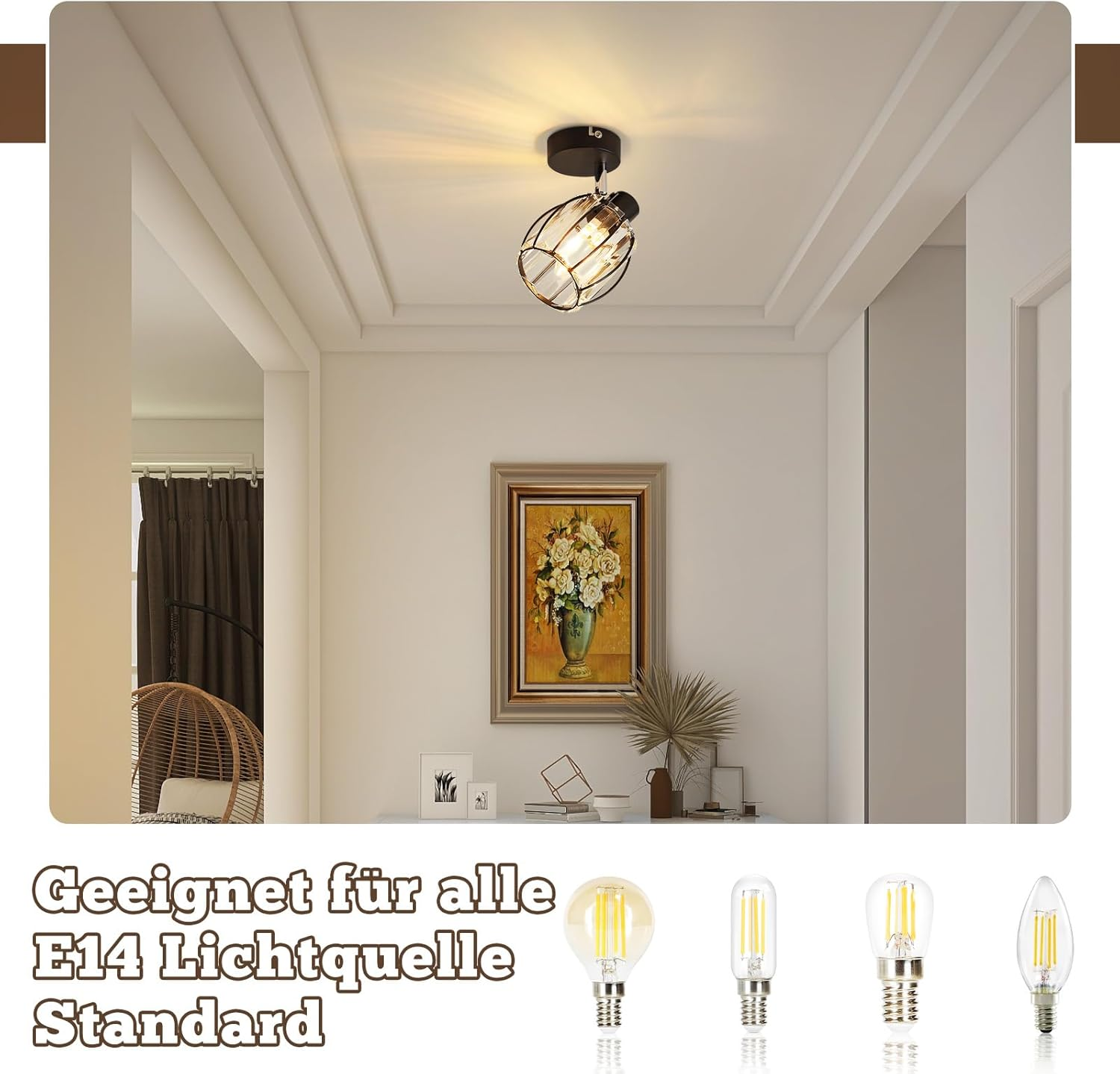 Pokój z lampą sufitową. Widoczny obraz i inne światła. Są też listwy ozdobne.