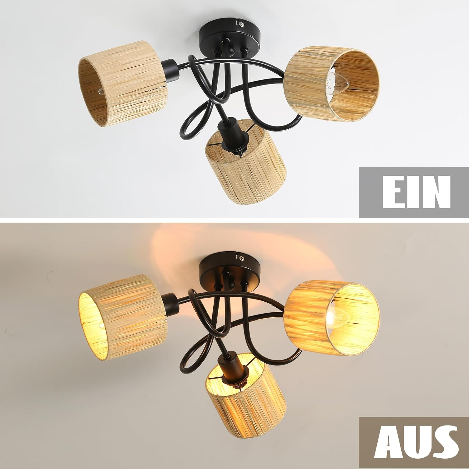 Oprawa oświetleniowa sufitowa, pokazująca stany włączenia i wyłączenia z trzema abażurami.