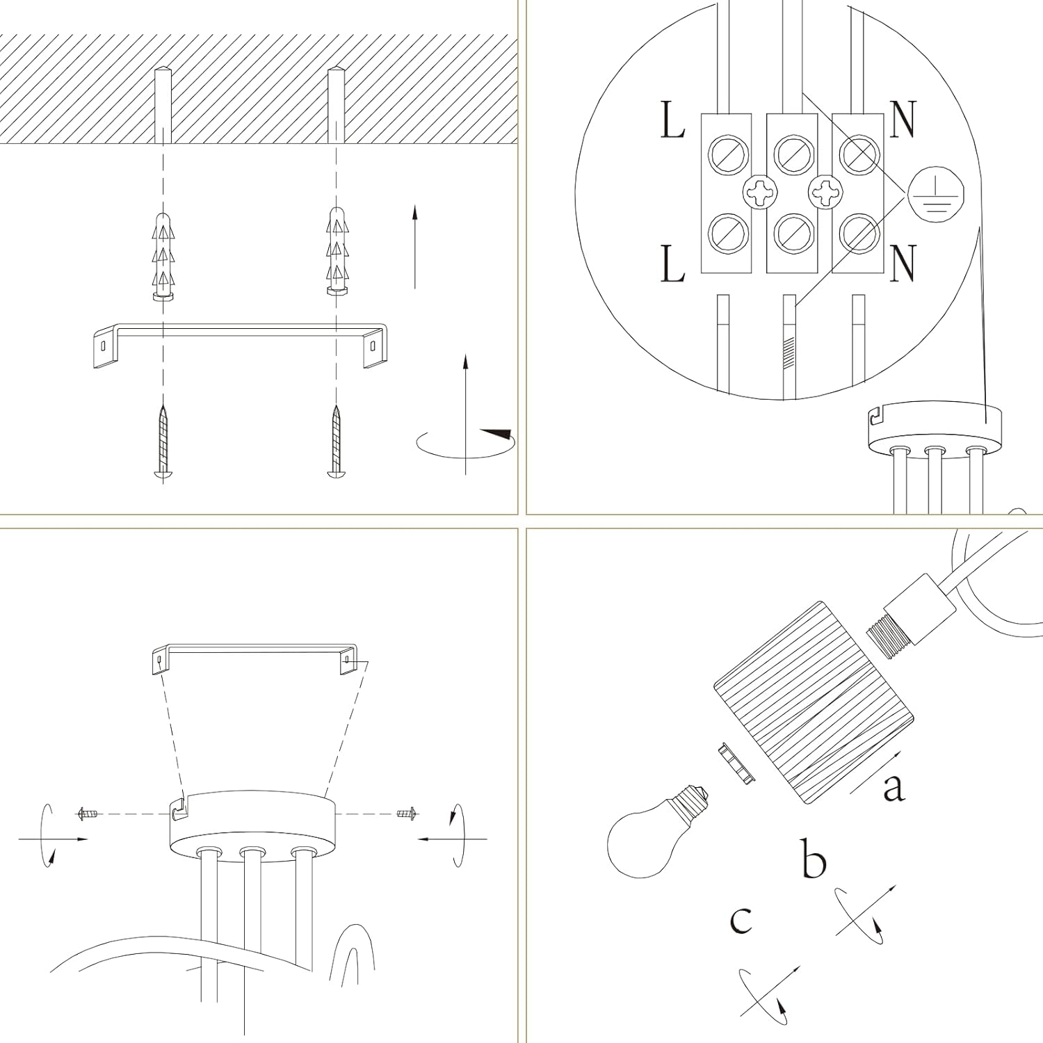 Instrukcje dotyczące instalacji lampy sufitowej, pokazujące okablowanie i mocowanie żarówki.