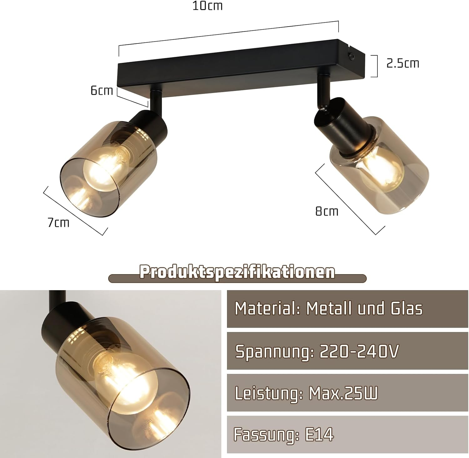 Czarny reflektor z dwoma szklanymi kloszami. Wymiary są wyświetlane. Specyfikacje produktu są dołączone.