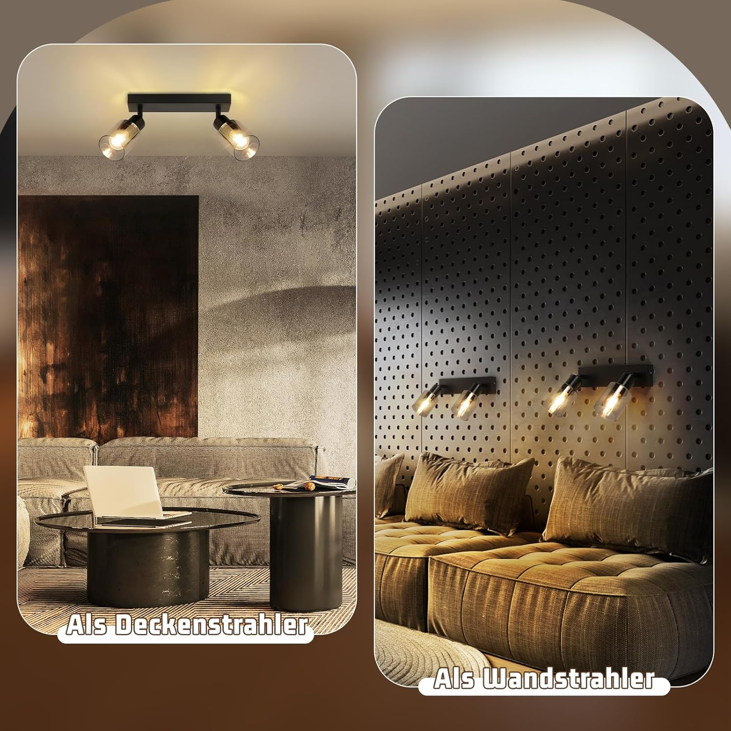 Dwa zdjęcia wnętrz przedstawiające reflektory sufitowe i ścienne z tekstem poniżej.