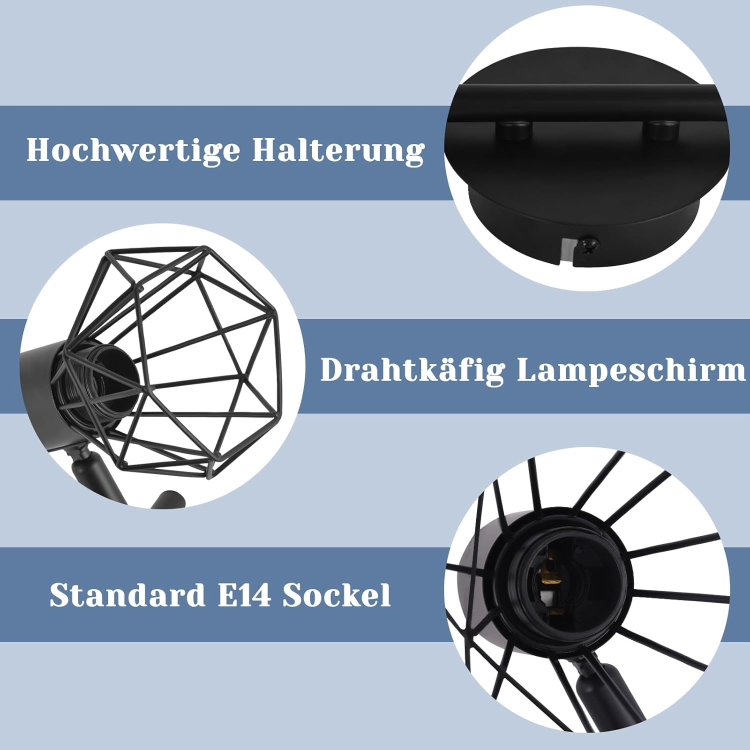 Zbliżenie czarnej oprawy oświetleniowej. Szczegóły obejmują klosz z drucianej klatki i standardowe gniazdo E14.