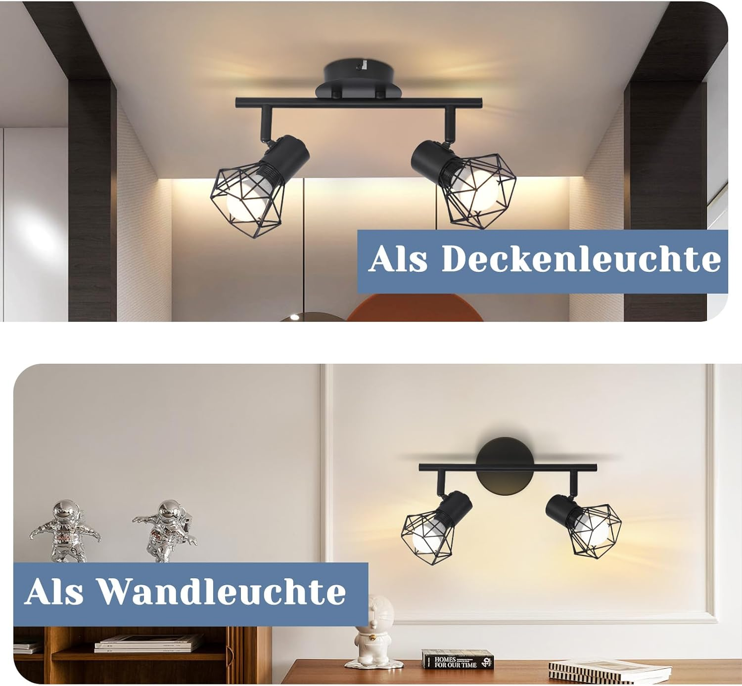 Dwa obrazy pokazujące szynowe oświetlenie montowane na suficie i ścianie z konstrukcją przypominającą kratę.