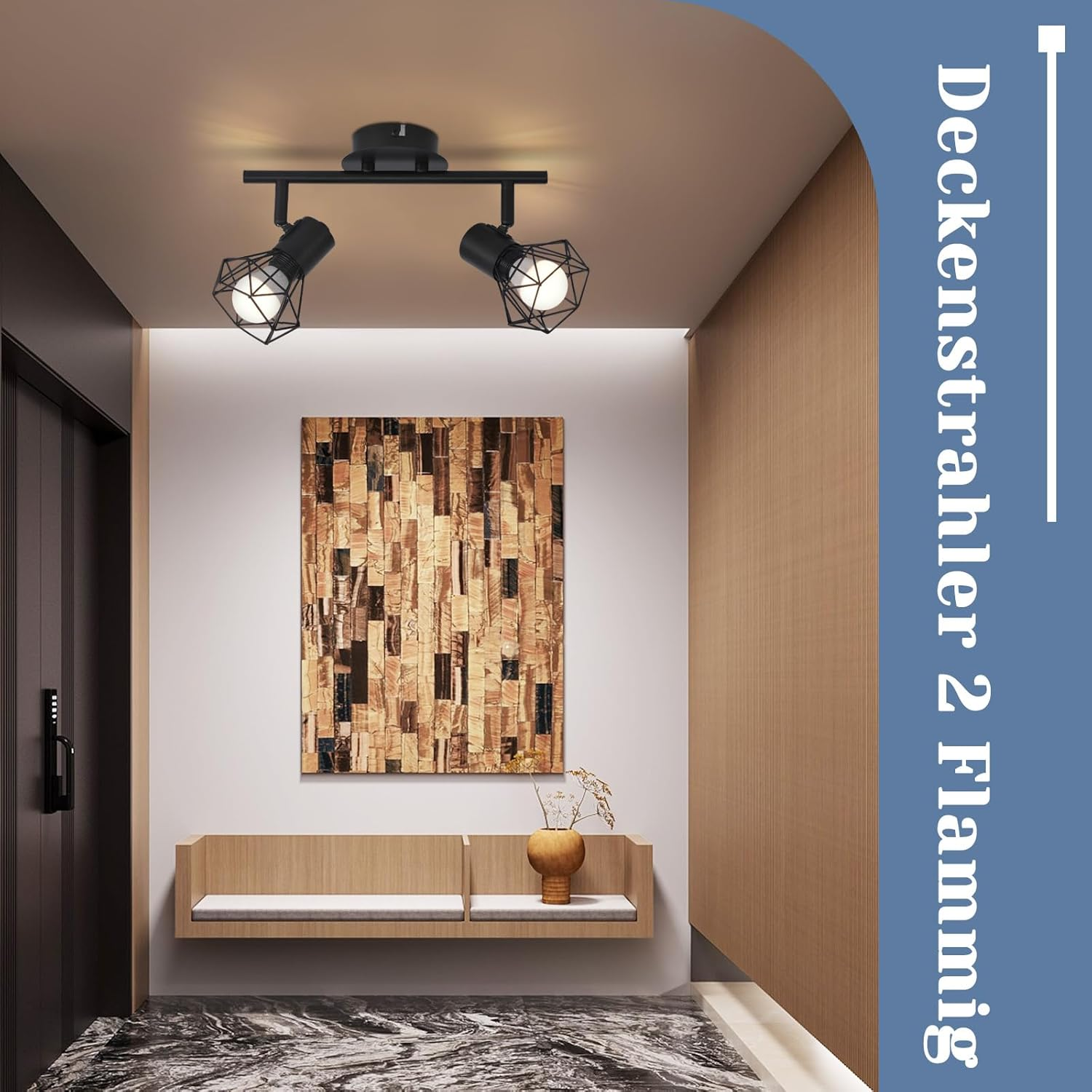 Czarne reflektory sufitowe z dwoma regulowanymi światłami. Obraz wisi na ścianie.