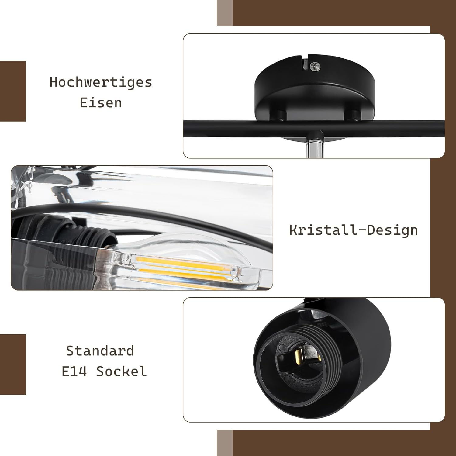 Szczegóły czarnej lampy z kryształowym wzorem i gniazdem E14, zbliżenia.