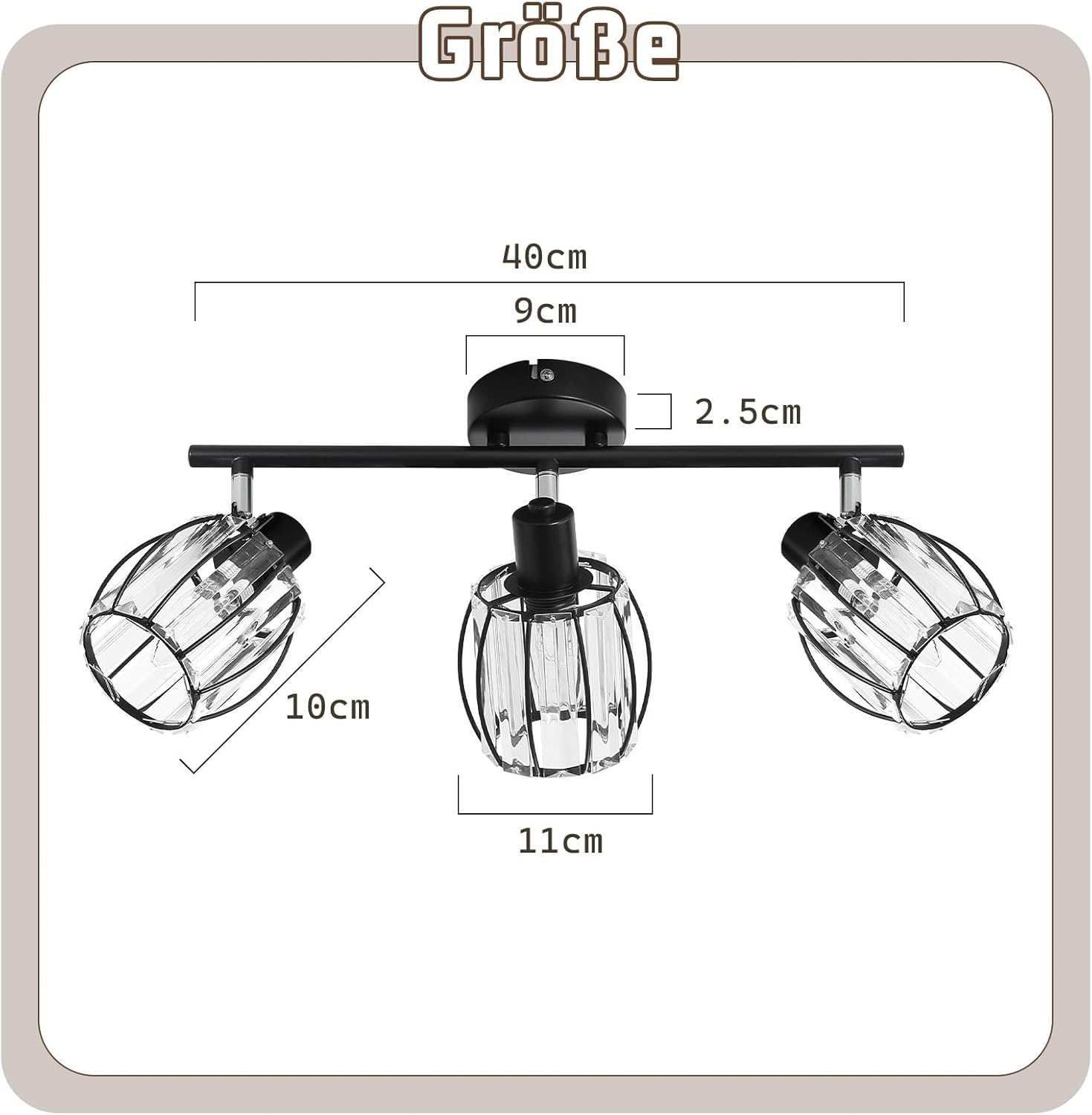 Widok z góry na czarną lampę z trzema oprawami oświetleniowymi, każda z drucianą klatką, na białym tle.