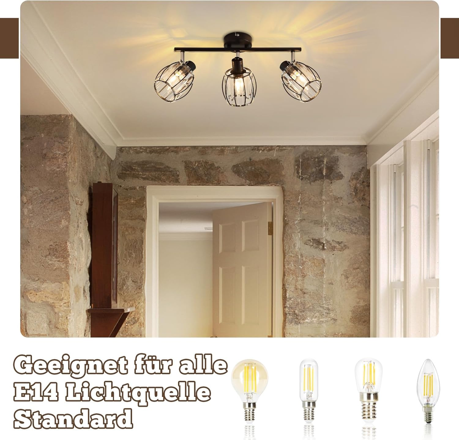 Oprawa oświetleniowa sufitowa z trzema lampami w klatkach, z tekstem i żarówkami.