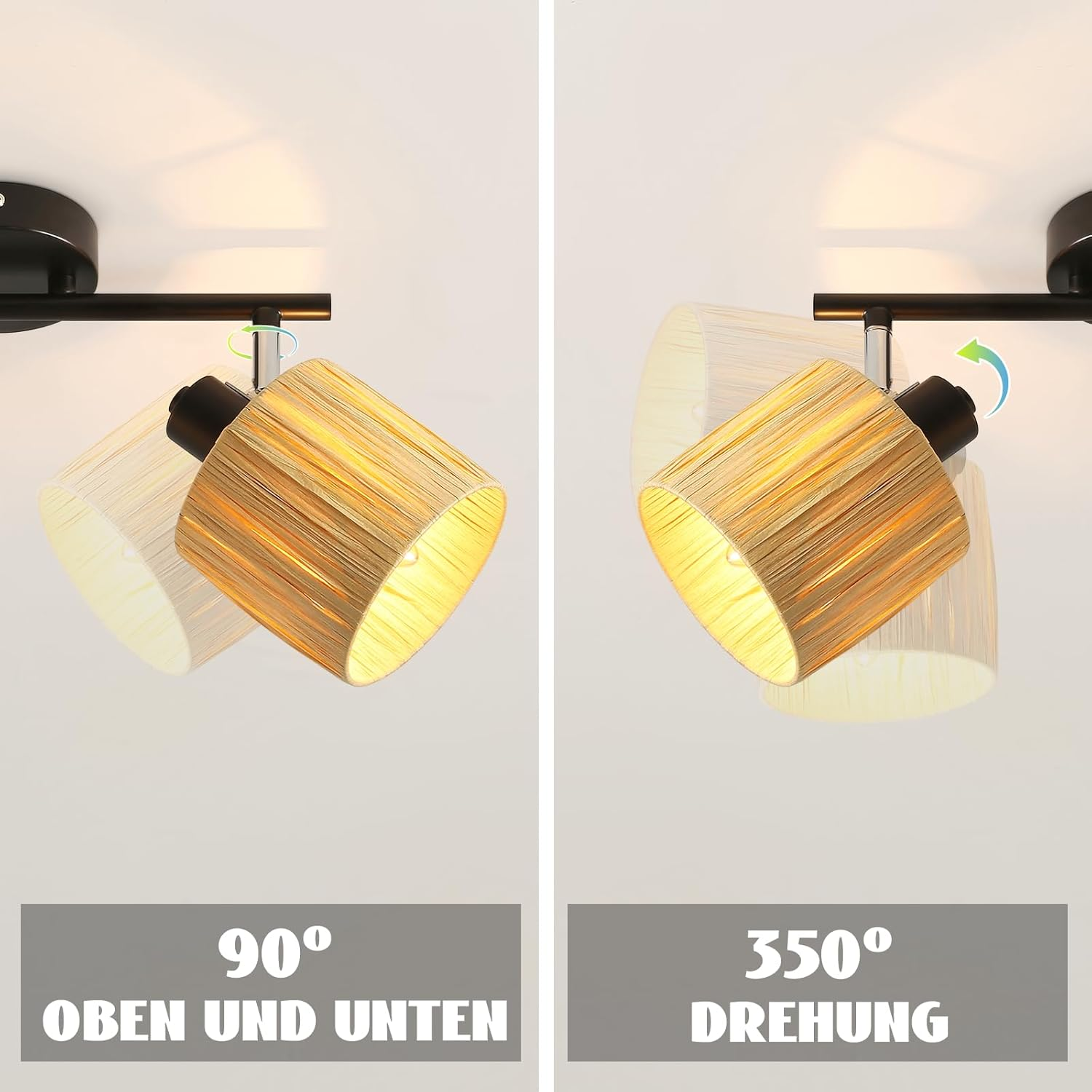 Dwie lampy z regulowanymi kloszami. Jedna pokazuje regulację 90 stopni, a druga obrót o 350 stopni.