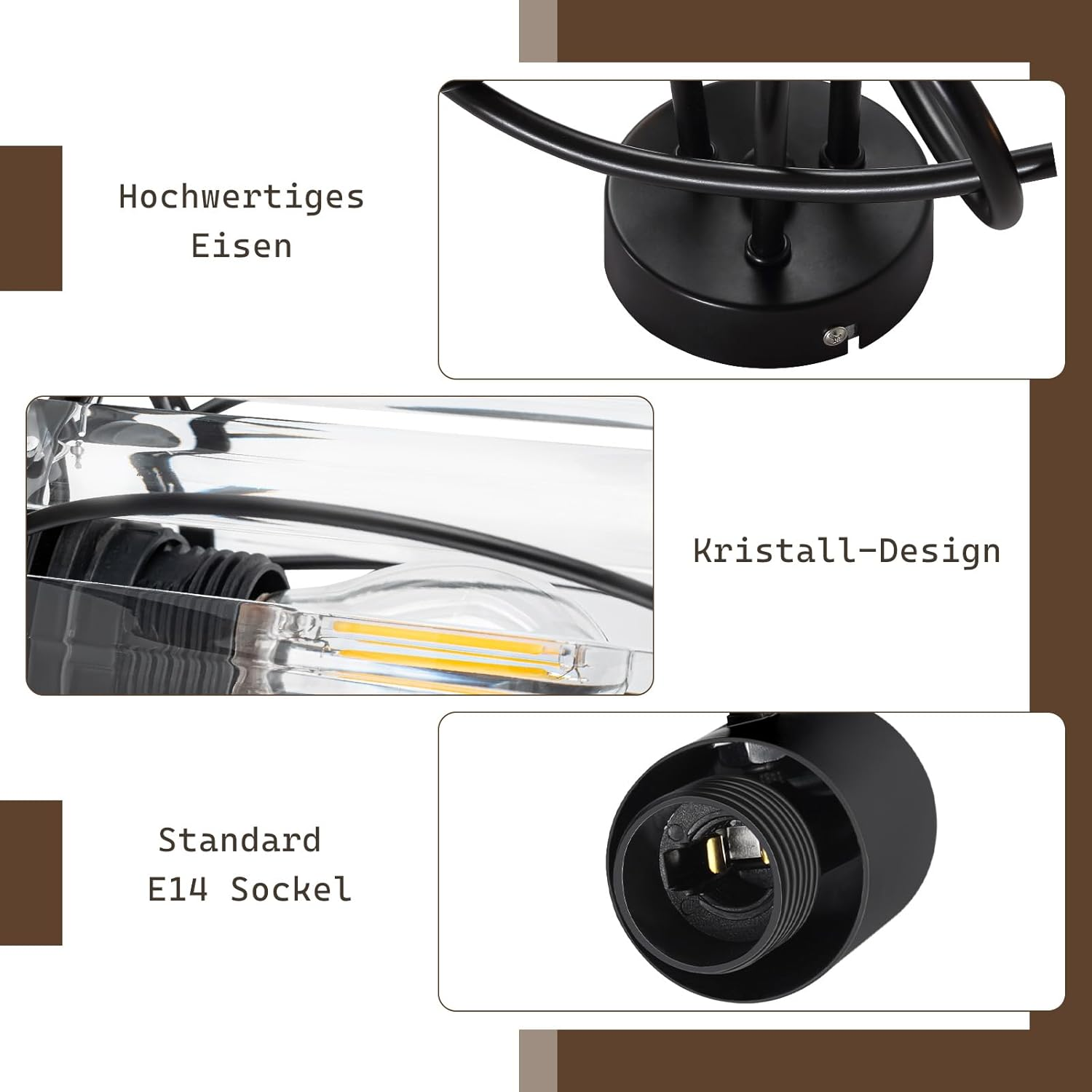 Zbliżenie czarnej lampy ze szczegółami: wysokiej jakości żelazo, kryształowy design i gniazdo.