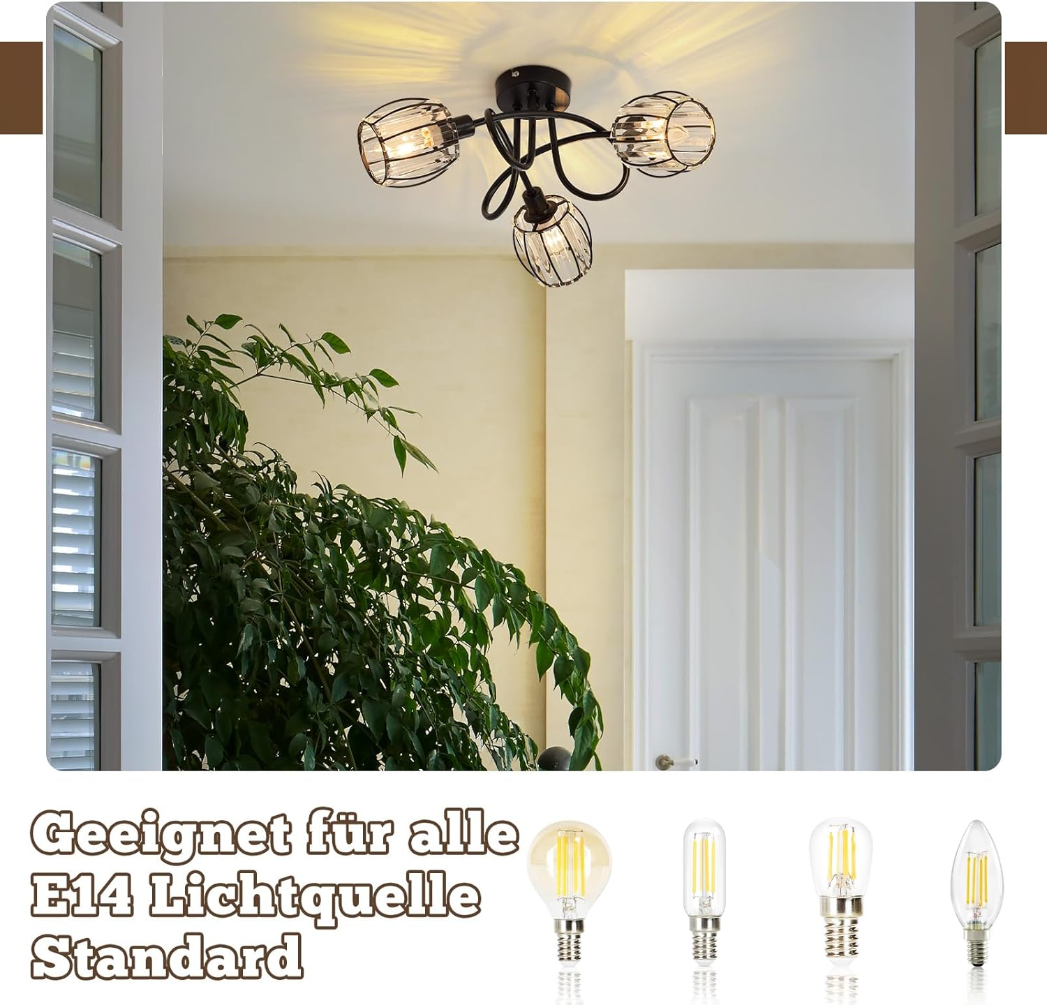 Lampa sufitowa z czterema lampami. Światła otoczone są czarnymi metalowymi klatkami, a za nimi białe drzwi.