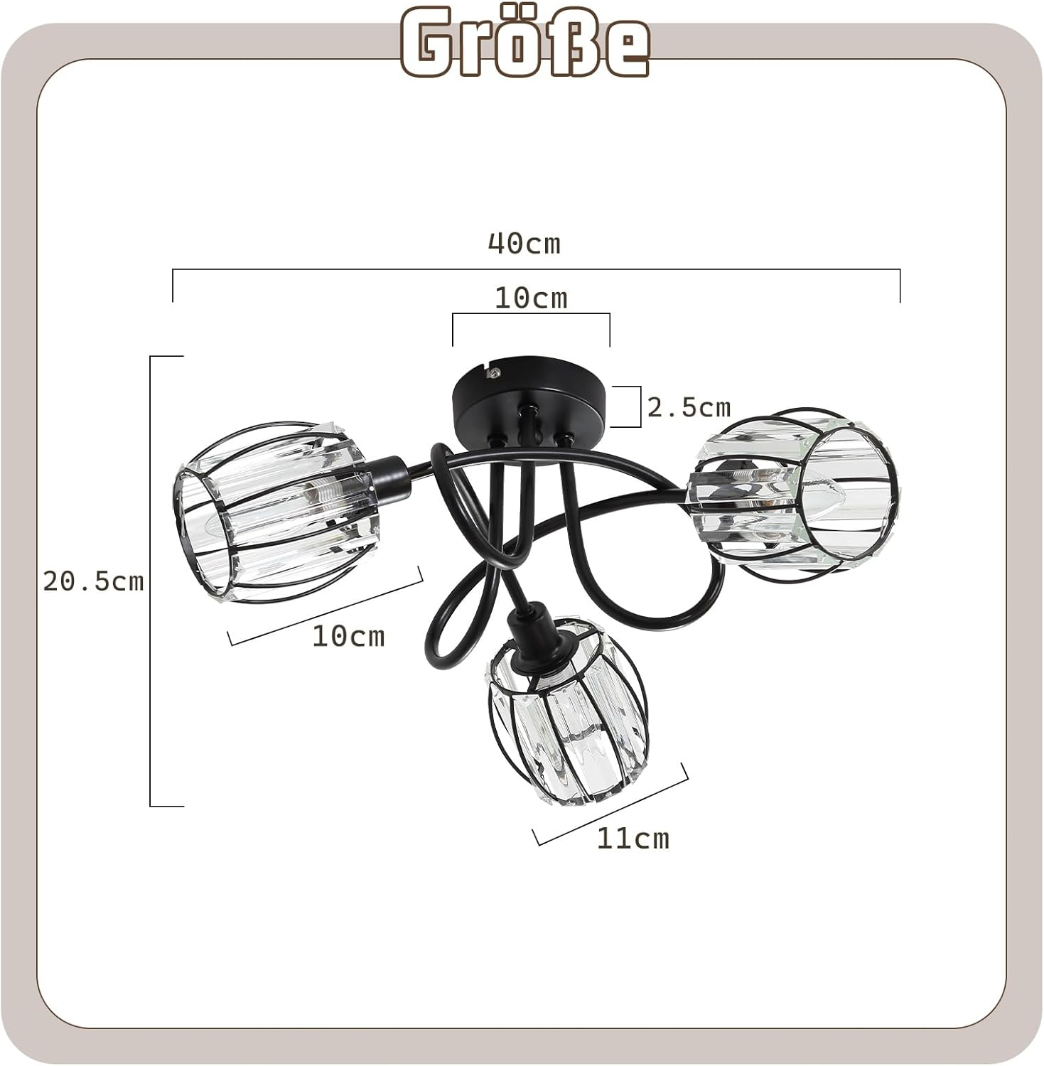 Czarna lampa sufitowa z trzema światłami. Wymiary wokół lampy, na neutralnym tle.