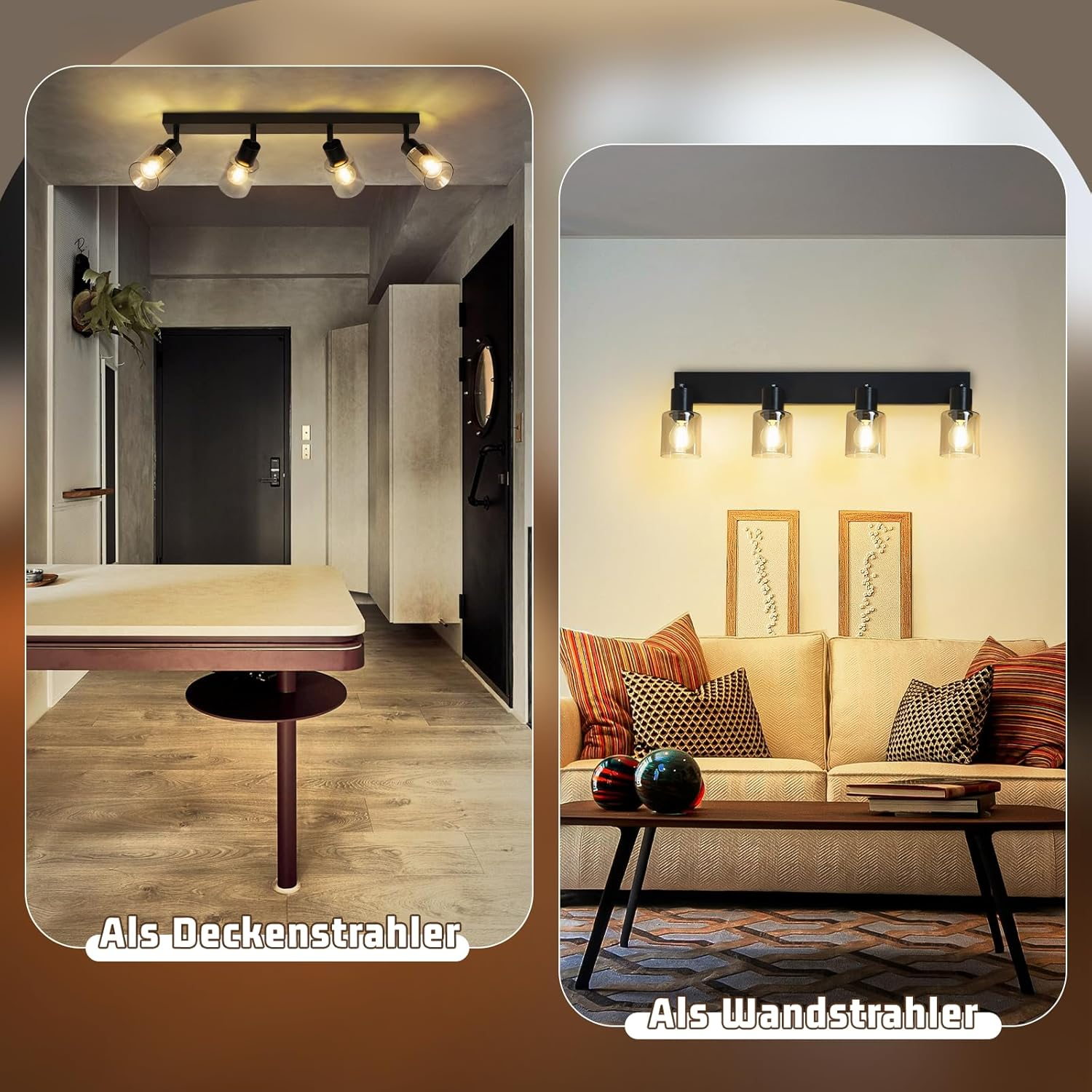 Dwa zdjęcia opraw oświetleniowych. Jedno jako oświetlenie sufitowe, drugie jako oświetlenie ścienne w pokoju.