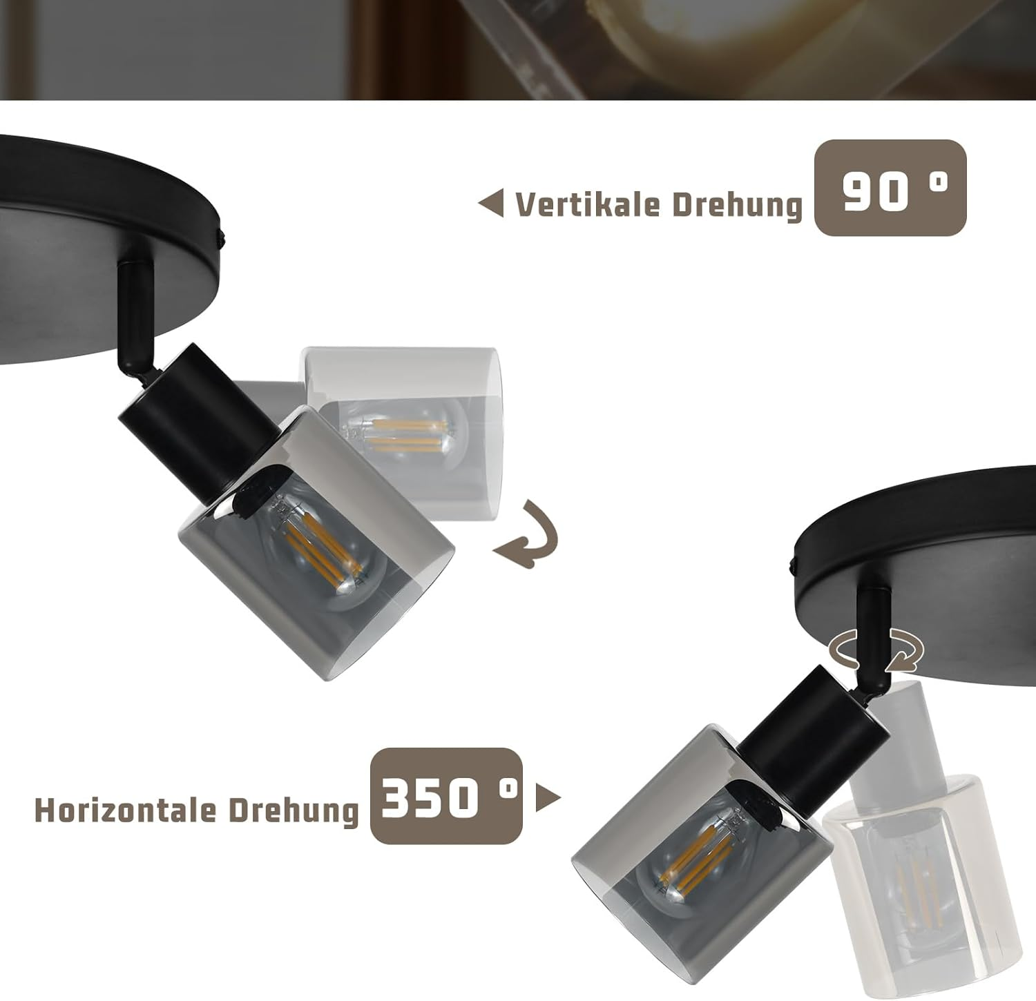 Dwa regulowane reflektory demonstrują kąty obrotu. Jeden jest pionowy 90 stopni, drugi poziomy 350 stopni.