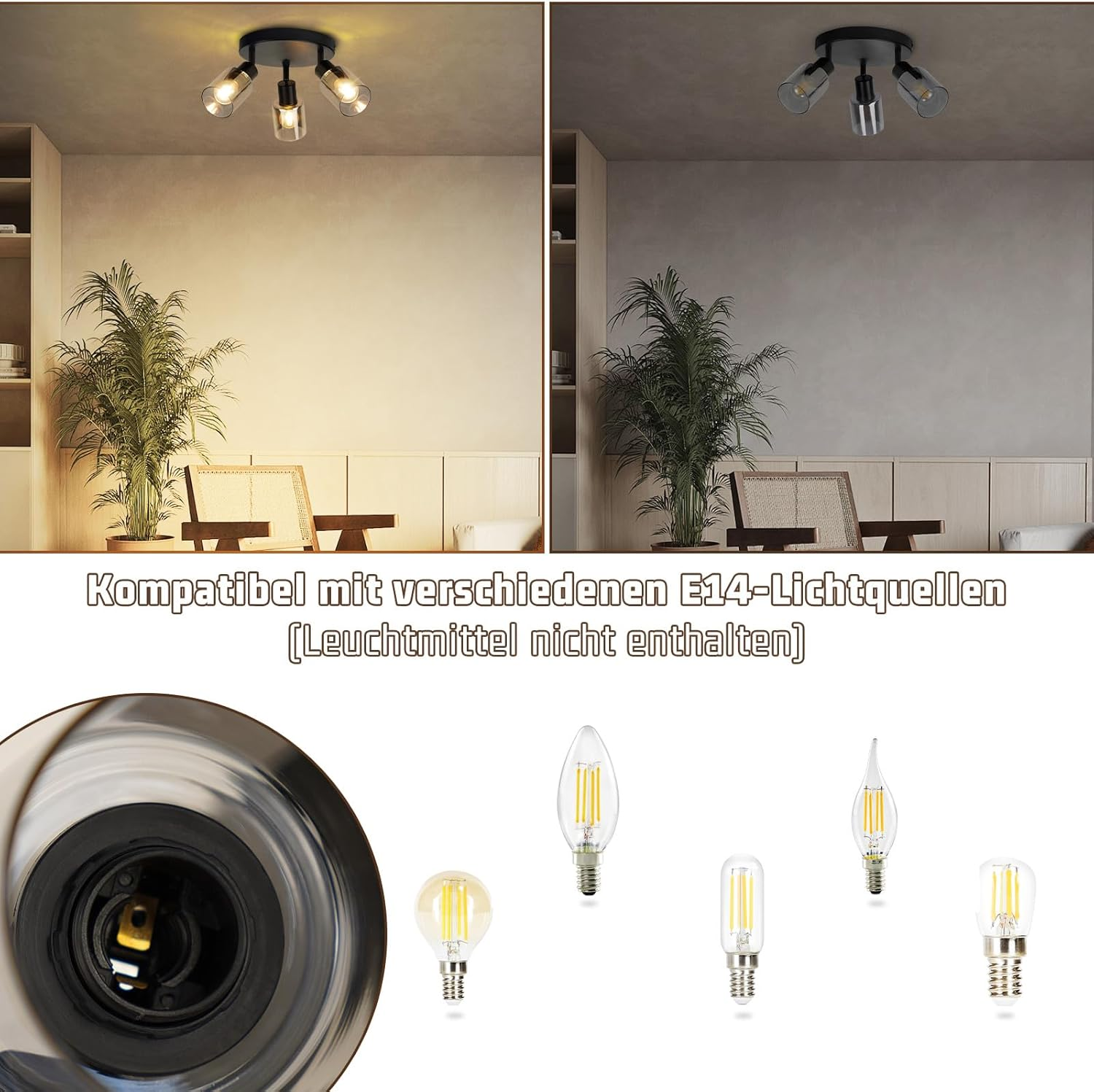 Lampa sufitowa z trzema żarówkami. Poniżej, różne żarówki E14 do porównania.