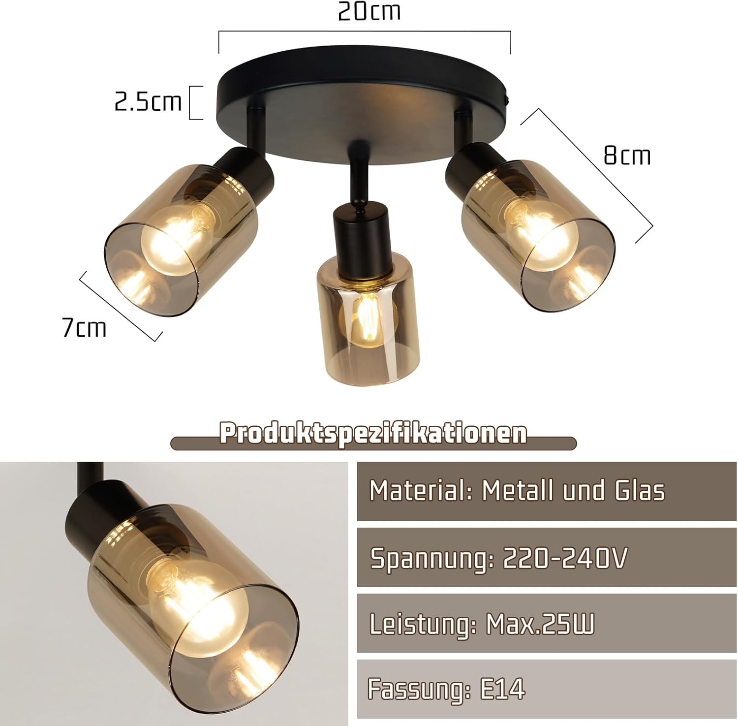 Czarna lampa sufitowa z trzema światłami, kloszami ze szkła bursztynowego i specyfikacjami produktu.