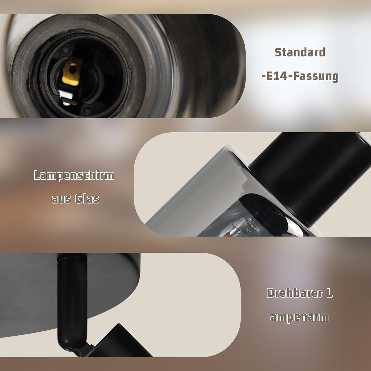 Zbliżenie komponentów oprawy oświetleniowej: gniazdo E14, szklany klosz i regulowane ramię.