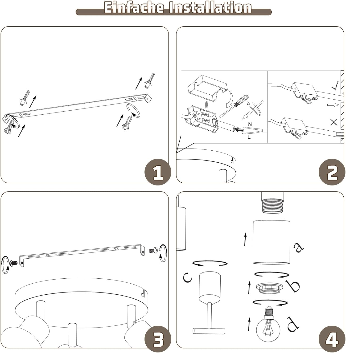 Schemat instruktażowy instalacji oprawy oświetleniowej, krok po kroku.