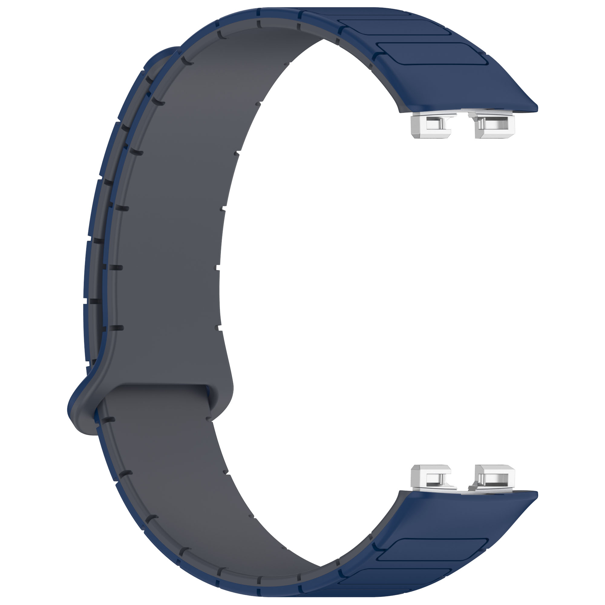 Ein dunkelblaues und graues Uhrenarmband. Es ist gebogen und hat an beiden Enden einen Verschluss.