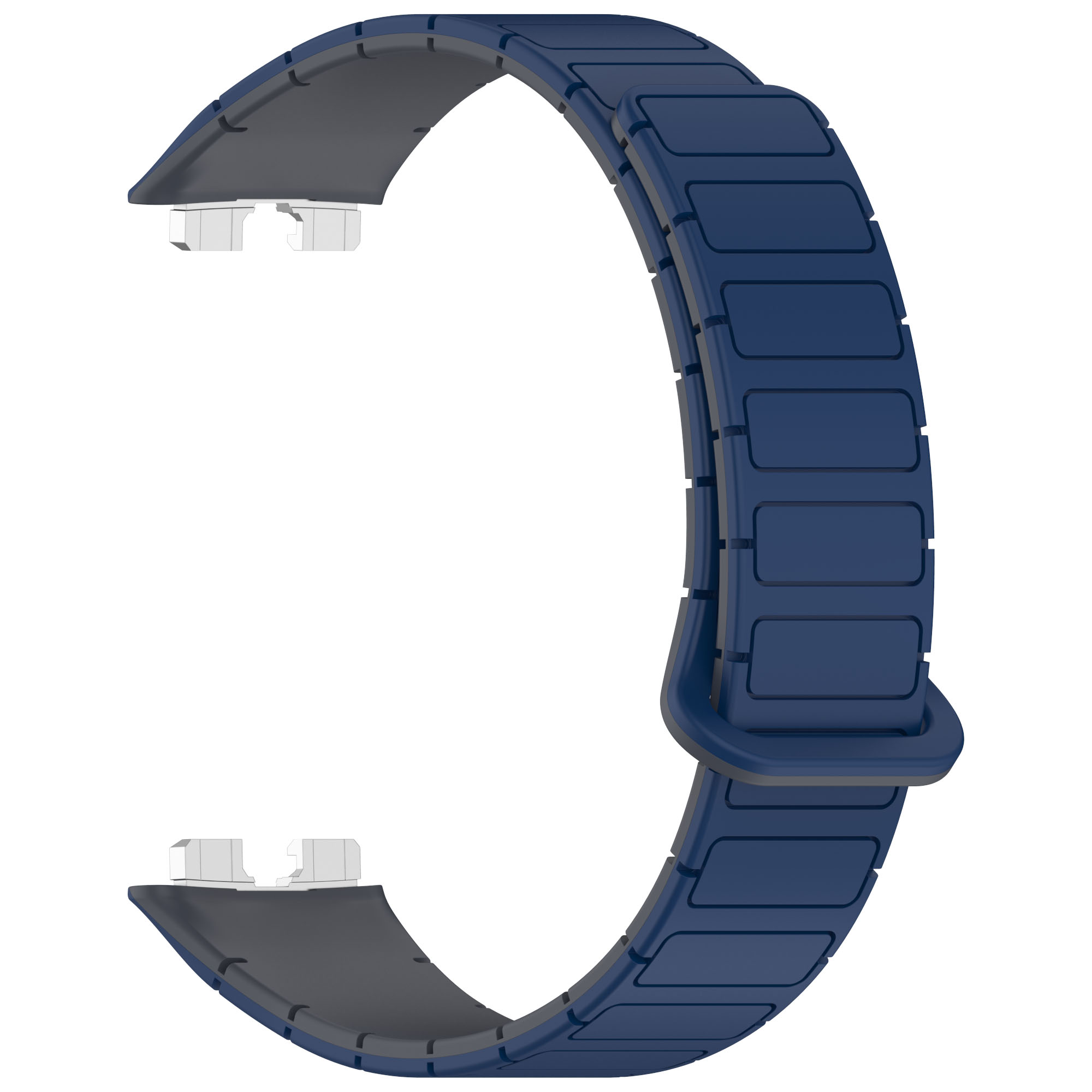 Blaues Uhrenarmband. Das Armband ist magnetisch und hat rechteckige Designelemente.