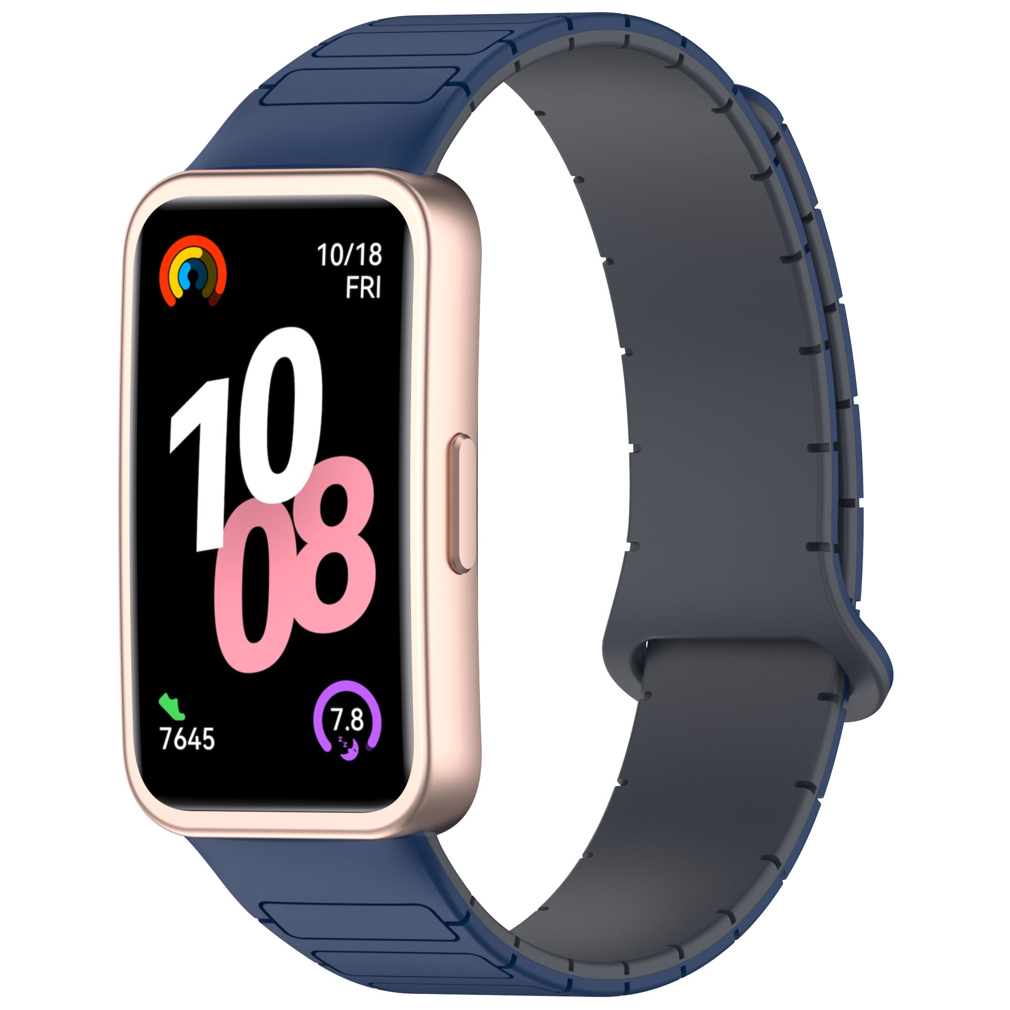 Eine Smartwatch mit roségoldenem Gehäuse und dunkelblauem Armband, das Datum und Uhrzeit anzeigt.