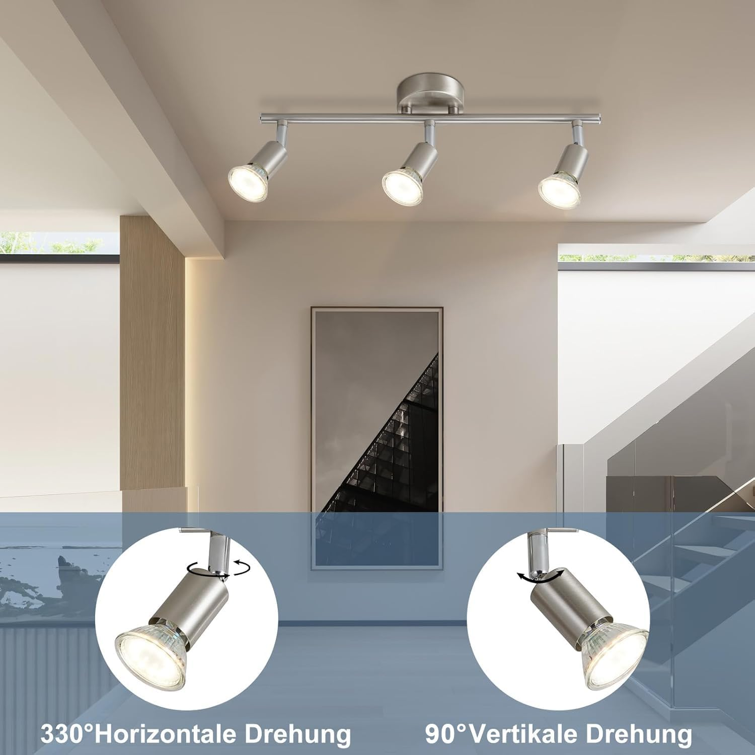 Reflektory sufitowe. Obraz pokazuje sufit z reflektorami. Tekst wskazuje obrót poziomy i pionowy.