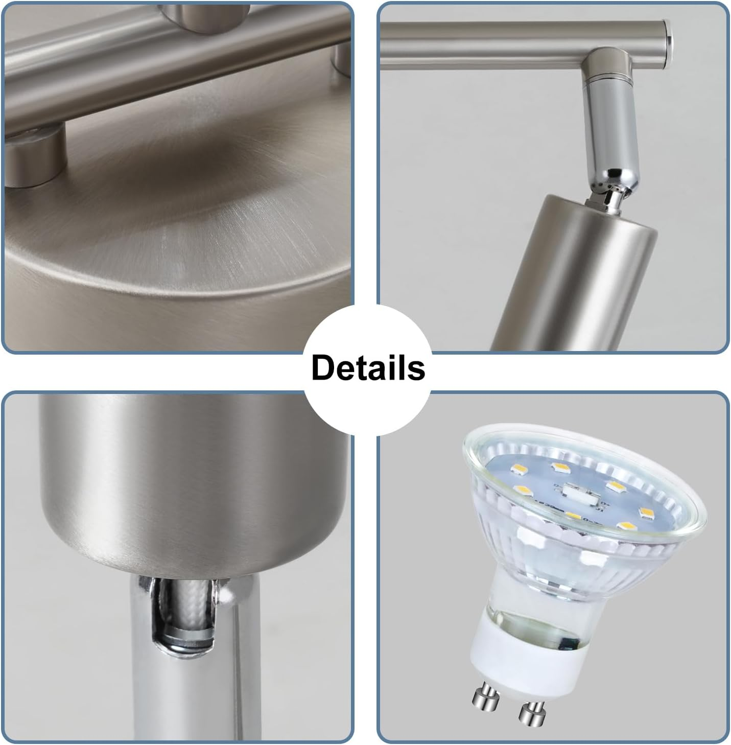 Zbliżenia szczegółów reflektorów. Pokazuje mocowanie, światło i podstawę.