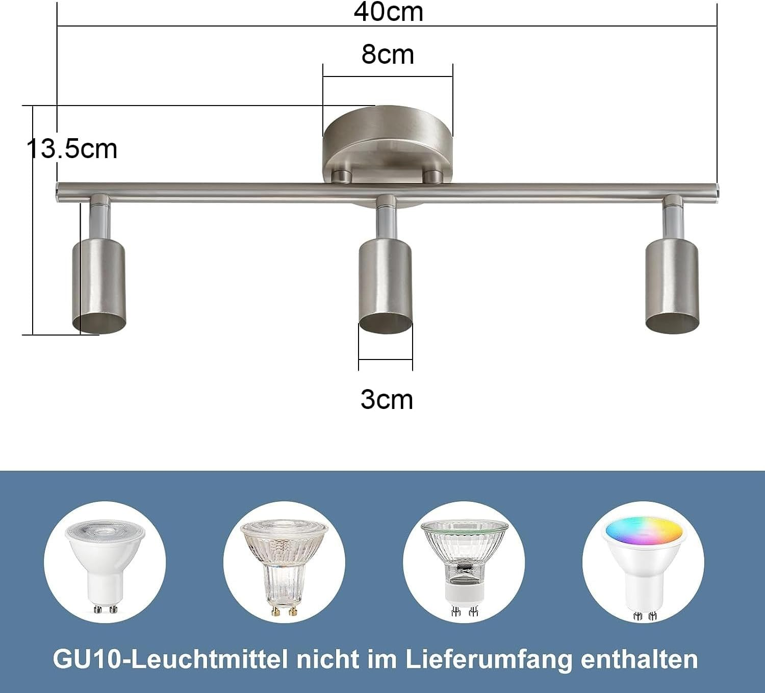 Szyna trójpłomieniowa z wymiarami. Żarówki GU10 nie są dołączone. Białe tło.