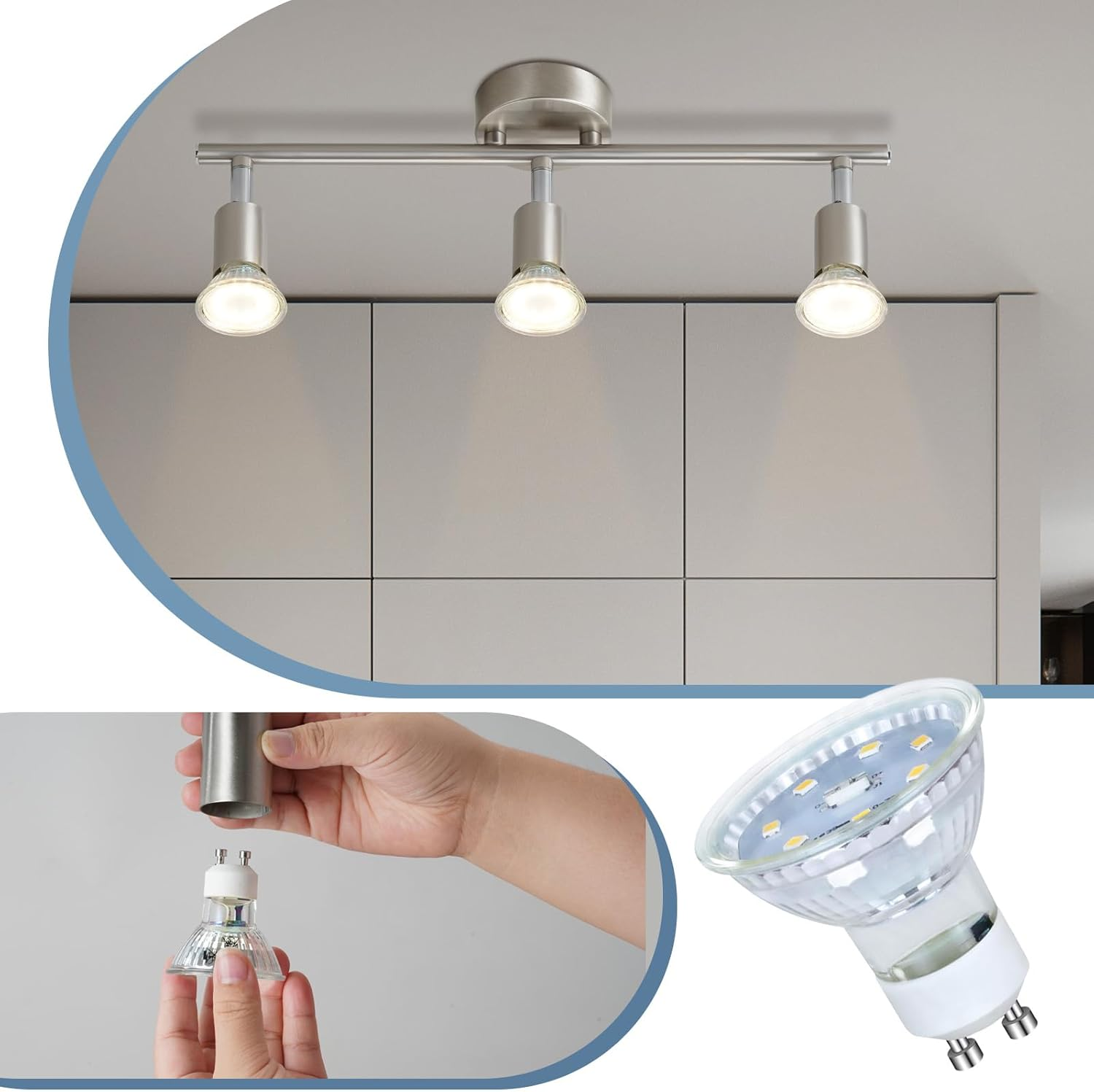 Trzy reflektory na szynie i zbliżenie dłoni instalującej żarówkę.