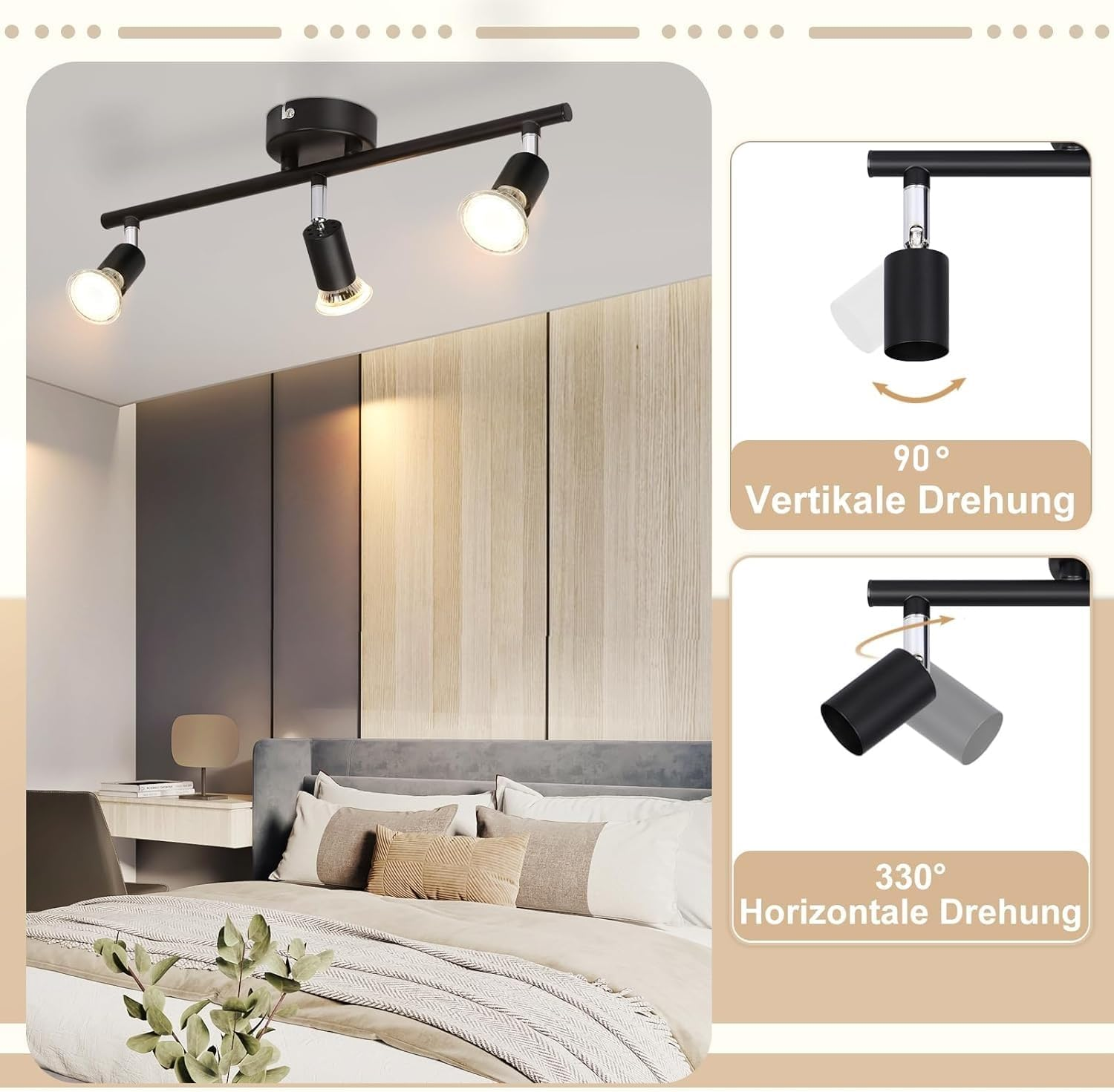 Czarna lampa sufitowa z trzema regulowanymi reflektorami, zamontowana w pomieszczeniu, z diagramami pokazującymi regulacje.