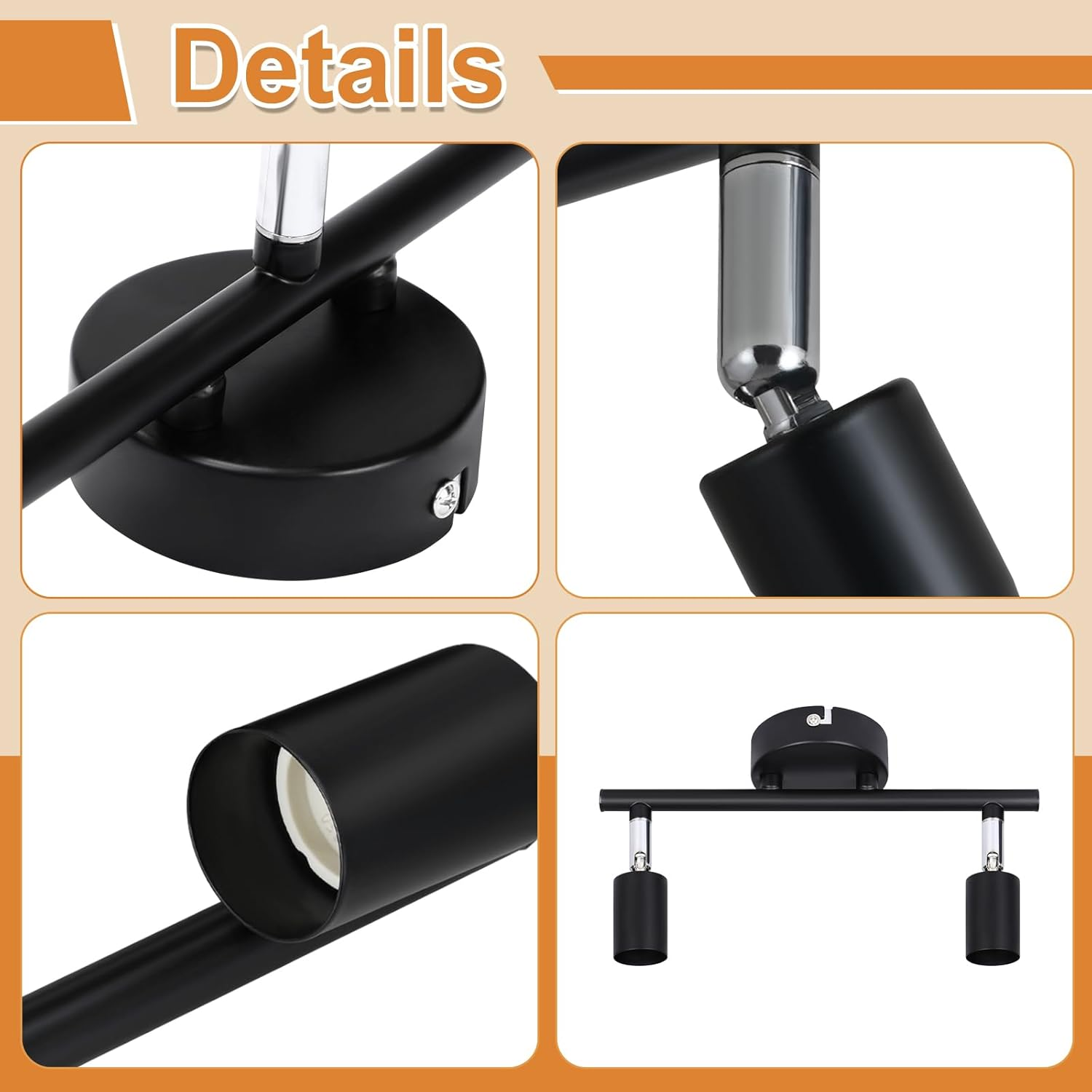 Zbliżenia czarnych reflektorów na czarnym pręcie. Zawiera śruby i szczegóły lamp.