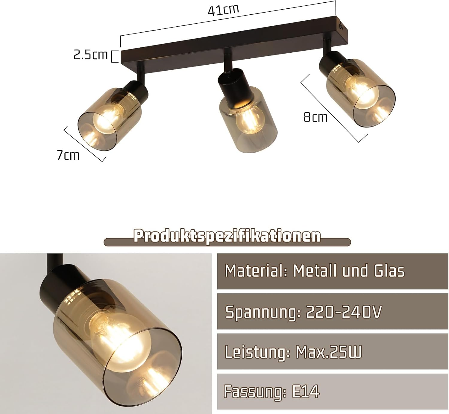 Czarna szyna oświetleniowa z trzema światłami, wymiary w zestawie.