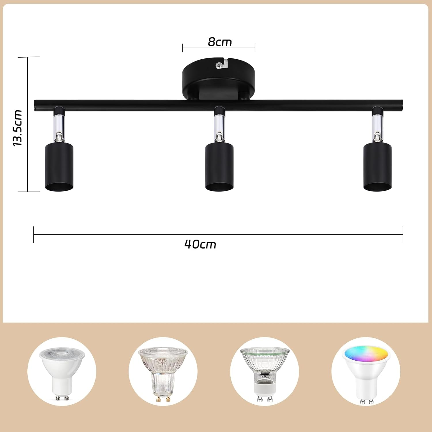 Czarna oprawa oświetleniowa szynowa z trzema reflektorami i oznaczonymi wymiarami. Cztery różne żarówki poniżej.