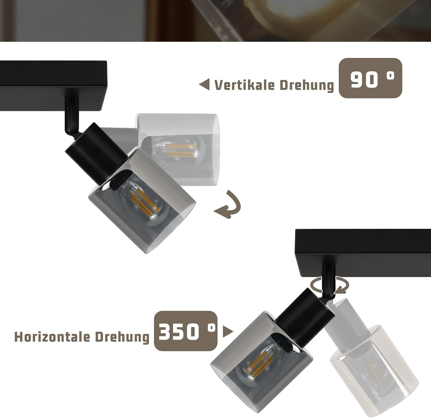 Dwie oprawy oświetleniowe z regulowanymi głowicami. Jedna pokazuje obrót pionowy, druga poziomy, ze wskaźnikami stopni.