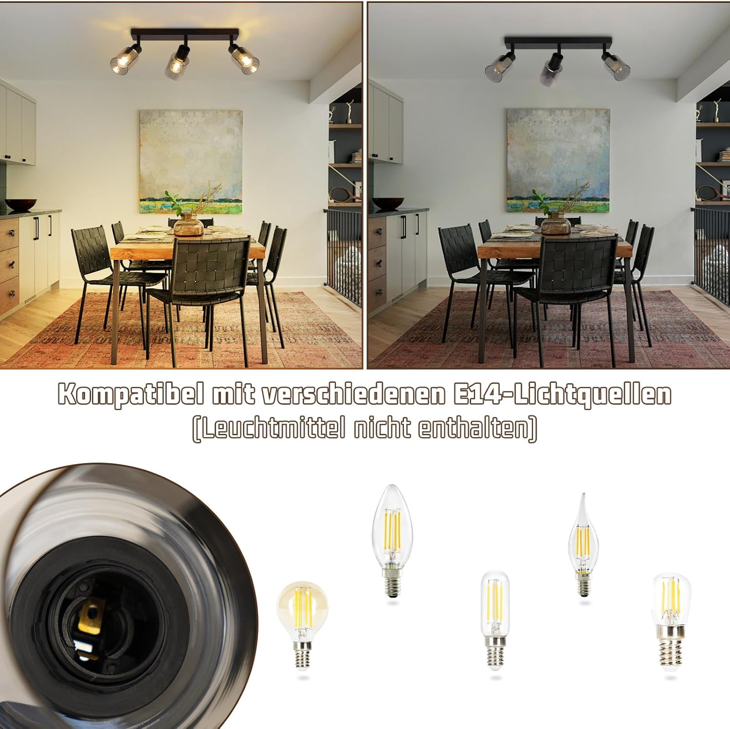 Dwa obrazy przedstawiające oświetlenie szynowe z różnymi żarówkami. Jeden obraz jest jaśniejszy.