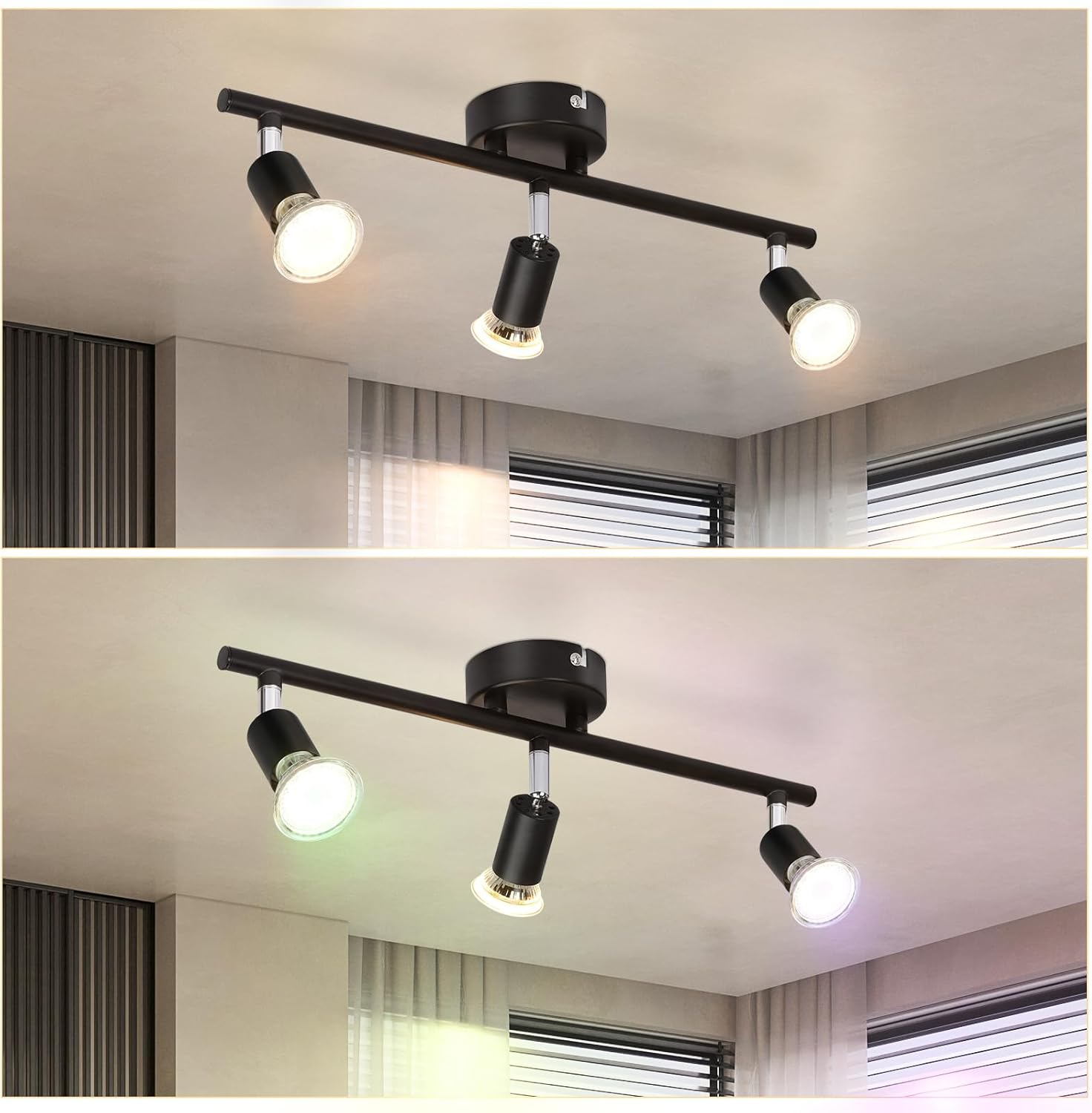 Reflektory sufitowe. Górny obraz pokazuje białe światło, dolny kolorowe.