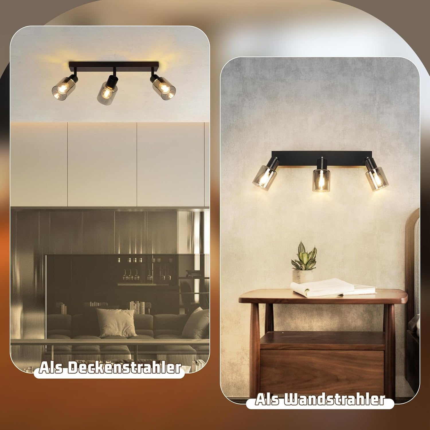 Dwa obrazy przedstawiają czarne reflektory zamontowane na suficie i ścianie, oświetlające obszary poniżej.