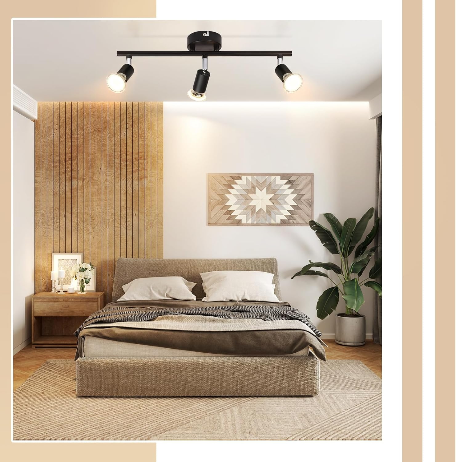 Scena sypialni z łóżkiem, drewnianą ścianą i oprawą oświetleniową szynową z trzema światłami.