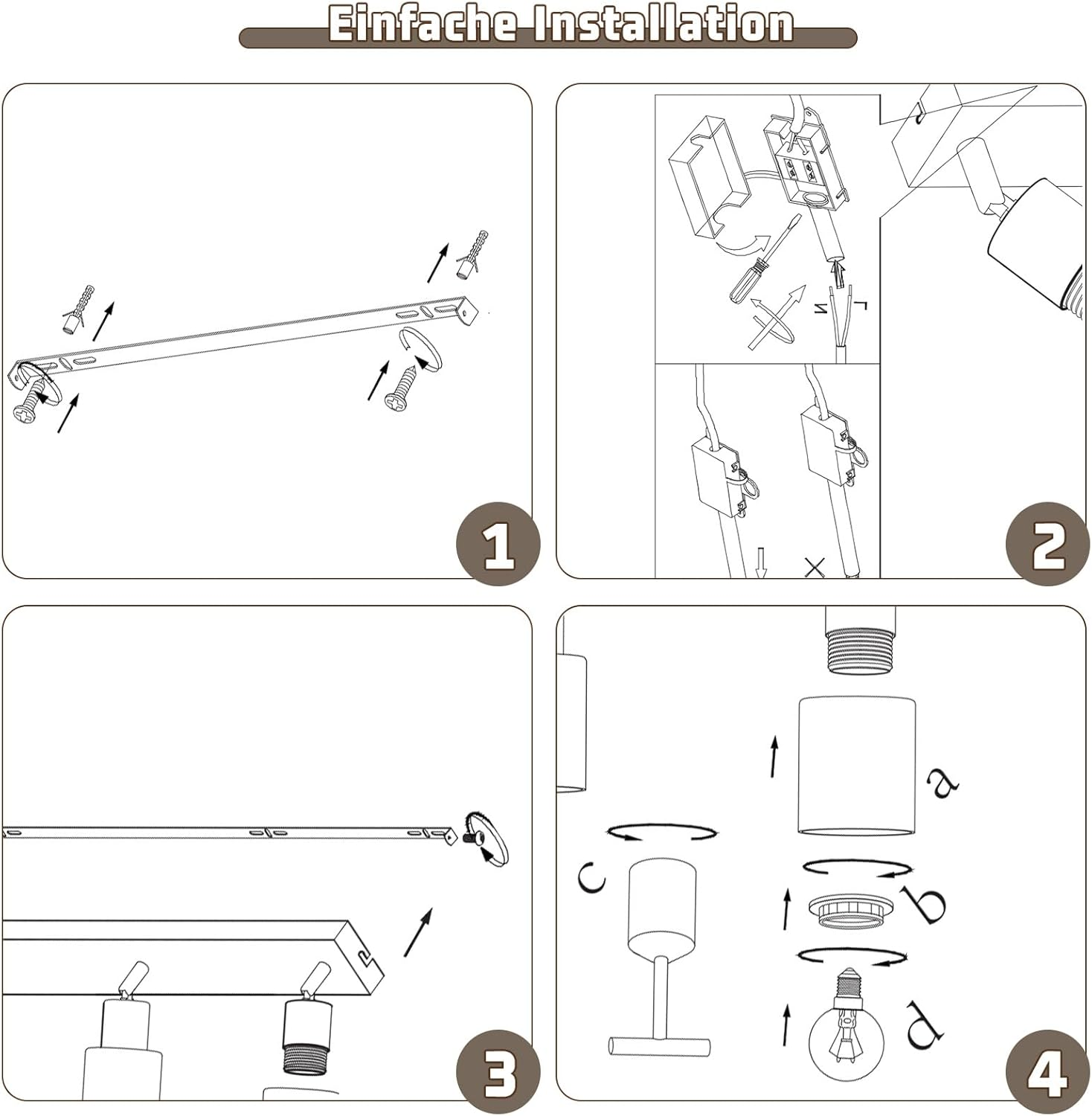 Obrazy instrukcji krok po kroku dotyczące instalacji lampy sufitowej.
