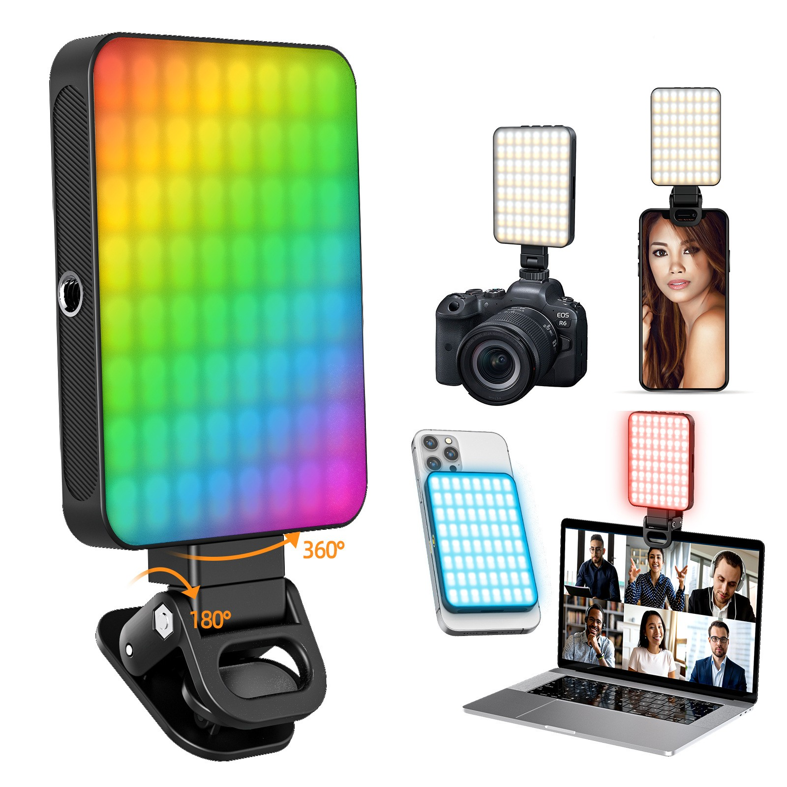 Eine mehrfarbige Lichttafel mit Aufsätzen für Kamera, Telefon und Laptop.