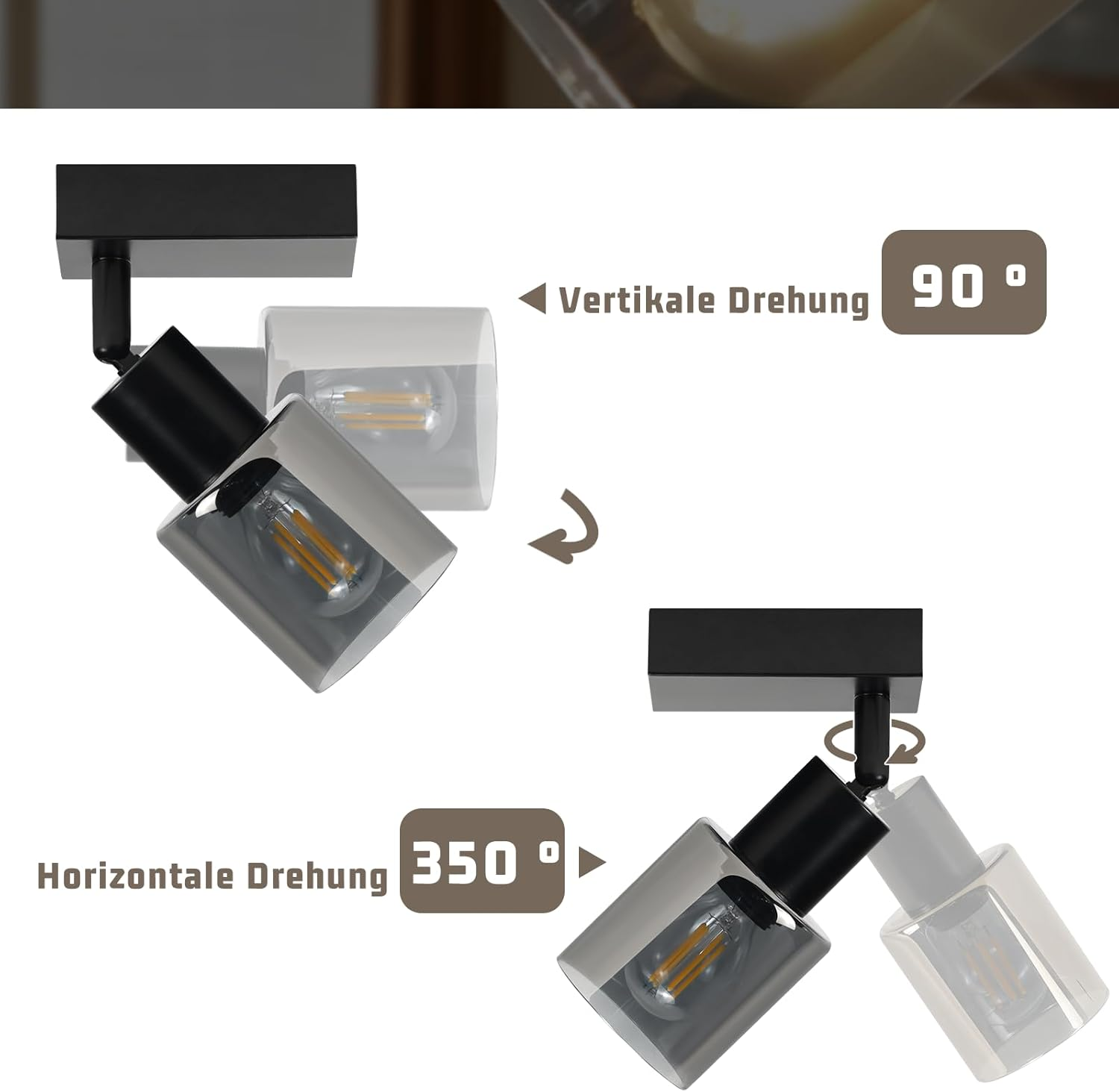 Czarna lampa szynowa z regulowanymi głowicami, pokazująca stopnie obrotu w pionie i poziomie.