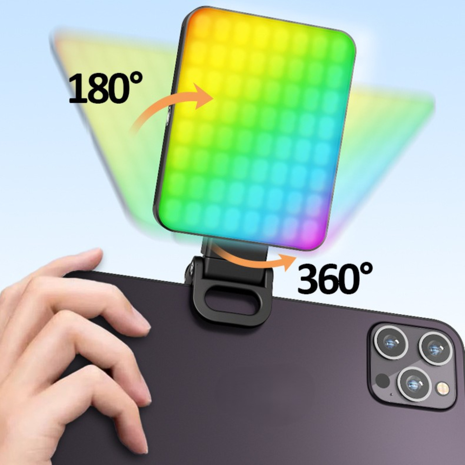 Ein Telefon mit angebrachtem Licht. Das Licht ist rechteckig und hat einen Regenbogen von Farben. Pfeile zeigen Bewegung.