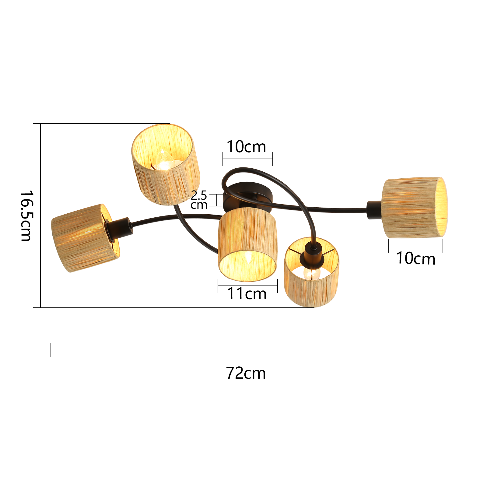 Lampa sufitowa z pięcioma abażurami. Wymiary: 72cm szerokości, 16,5cm wysokości, 11cm klosz, 10cm klosz.
