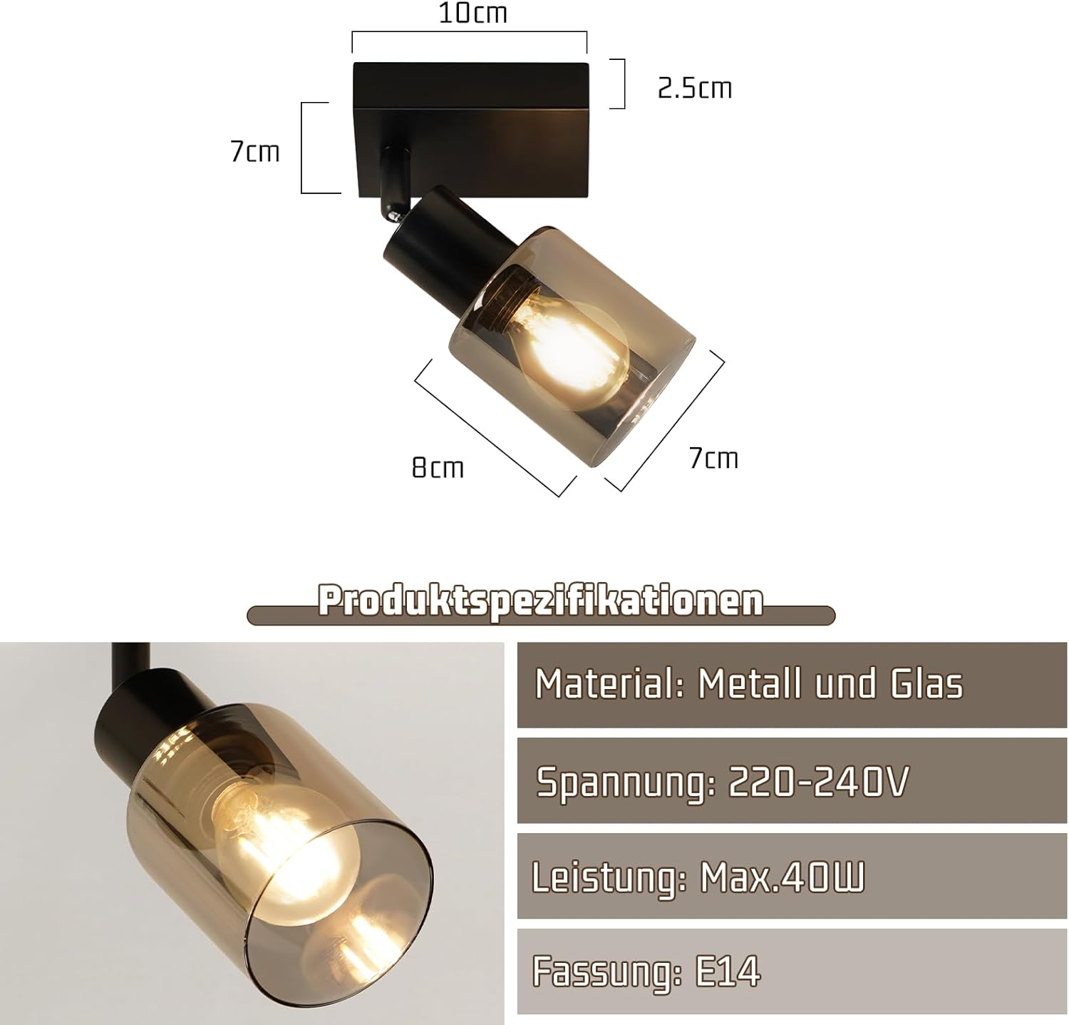 Czarny reflektor z wymiarami, światło włączone, specyfikacje produktu poniżej, białe tło.
